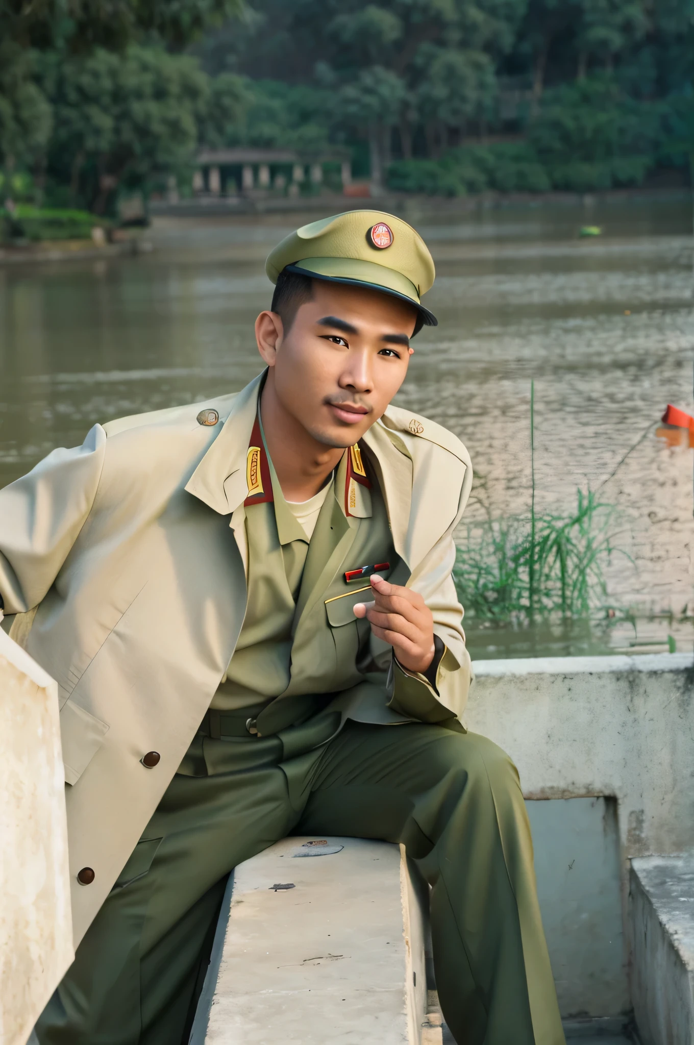 homme, tenant une cigarette au doigt, porter un uniforme de l&#39;Vietnamese army, Paysage du lac Hoan Kiem