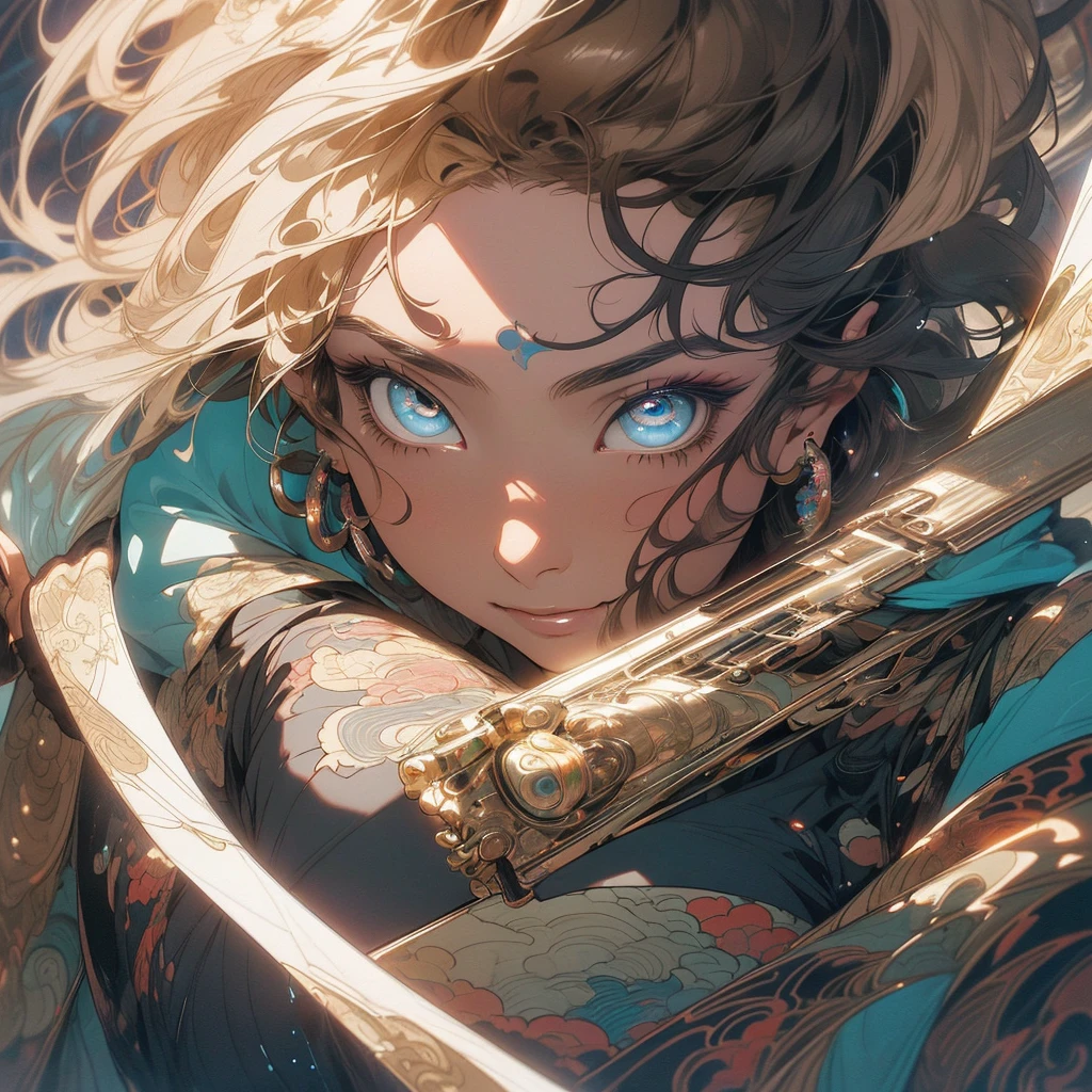 (((highest quality))),(((detailed eyes))),(((32K))),(1 dark skinned girl),Fancy blonde,(tattoo),cyber punk,kimono,((luxurious and gorgeous)),shiny skin,earrings,Stylish costumes,((Super beautiful)),(perfect face),Japanese sword,ultimate texture,official art,Ukiyo-e,((stylish)),photograph,perfect body,smile,Bewitching,best image quality,super clear,genuine,fantasy,(Near the future),ninja,((perfect eyes)),((big breasts)),((Perfect cleavage)),highlight,挑発的なsmile,stick out tongue,Mechanical,mandala,Pouring rain,majestic,apotheosis,((fractal art:(1.3)),perfect lighting,colorful,((In underwear)),crow,