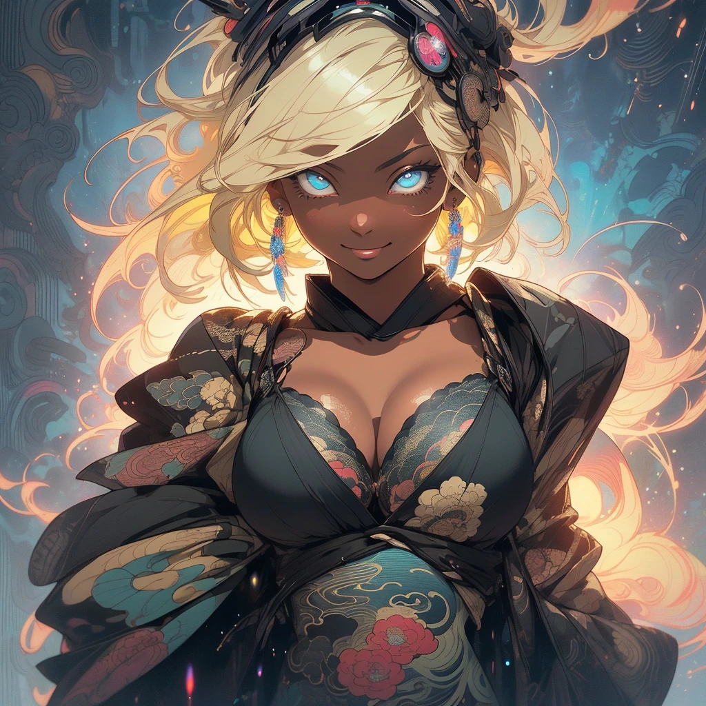 (((highest quality))),(((detailed eyes))),(((32K))),(1 dark skinned girl),Fancy blonde,(tattoo),cyber punk,kimono,((luxurious and gorgeous)),shiny skin,earrings,Stylish costumes,((Super beautiful)),(perfect face),Japanese sword,ultimate texture,official art,Ukiyo-e,((stylish)),photograph,perfect body,smile,Bewitching,best image quality,super clear,genuine,fantasy,(Near the future),ninja,((perfect eyes)),((big breasts)),((Perfect cleavage)),highlight,挑発的なsmile,stick out tongue,Mechanical,mandala,Pouring rain,majestic,apotheosis,((fractal art:(1.3)),perfect lighting,colorful,((In underwear)),crow,
