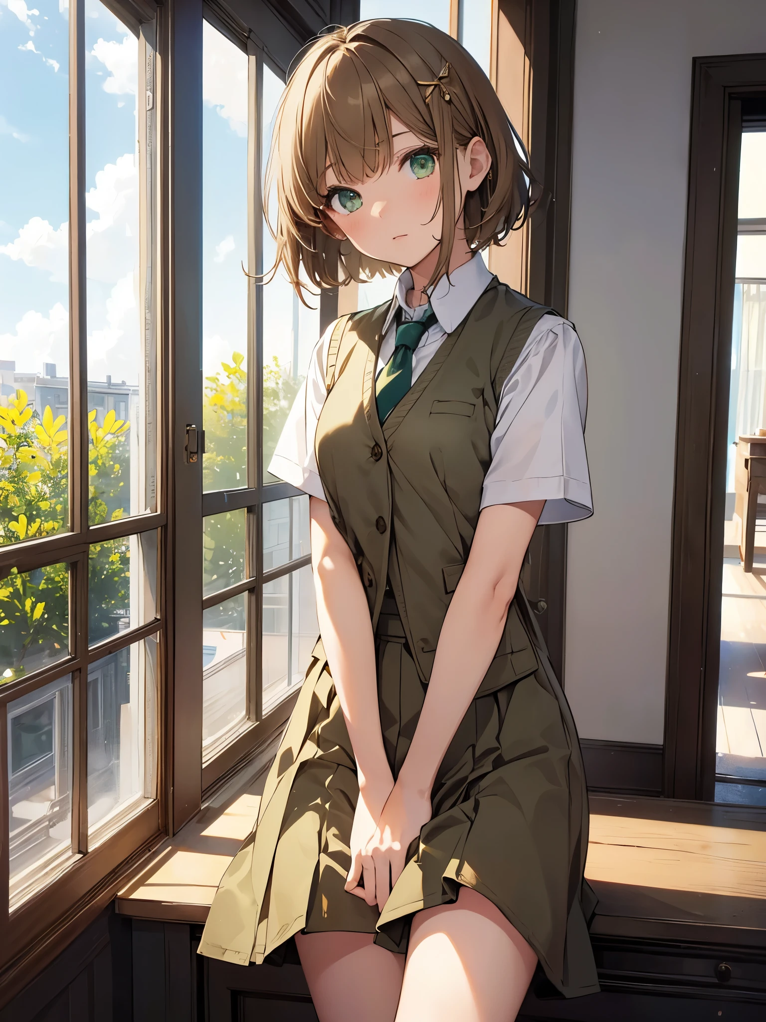 (masterpiece, highest quality), 1 girl, short hair, dull bangs, light brown hair, happiness, green eyes, hair ornaments, School_uniform, short_dispel, just_foot, blue sky, window, Front view, insight, chest squeeze, Beige vest