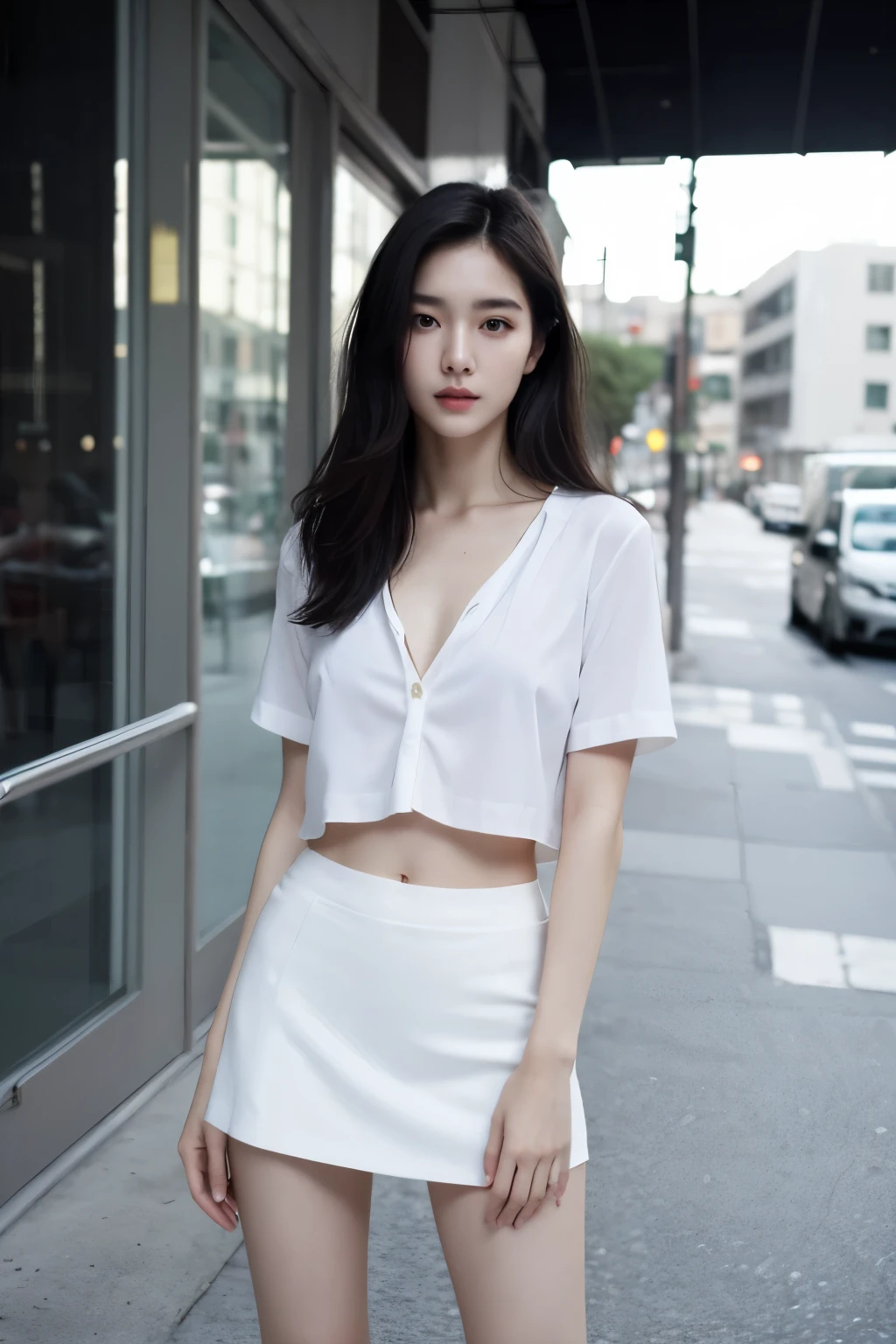 top Quority,Ultra-clear resolution,Clear eyes,plain face,s the perfect face,White skin,Perfect chest,with perfect legs,Long legs,Short black style skirt,Random environment