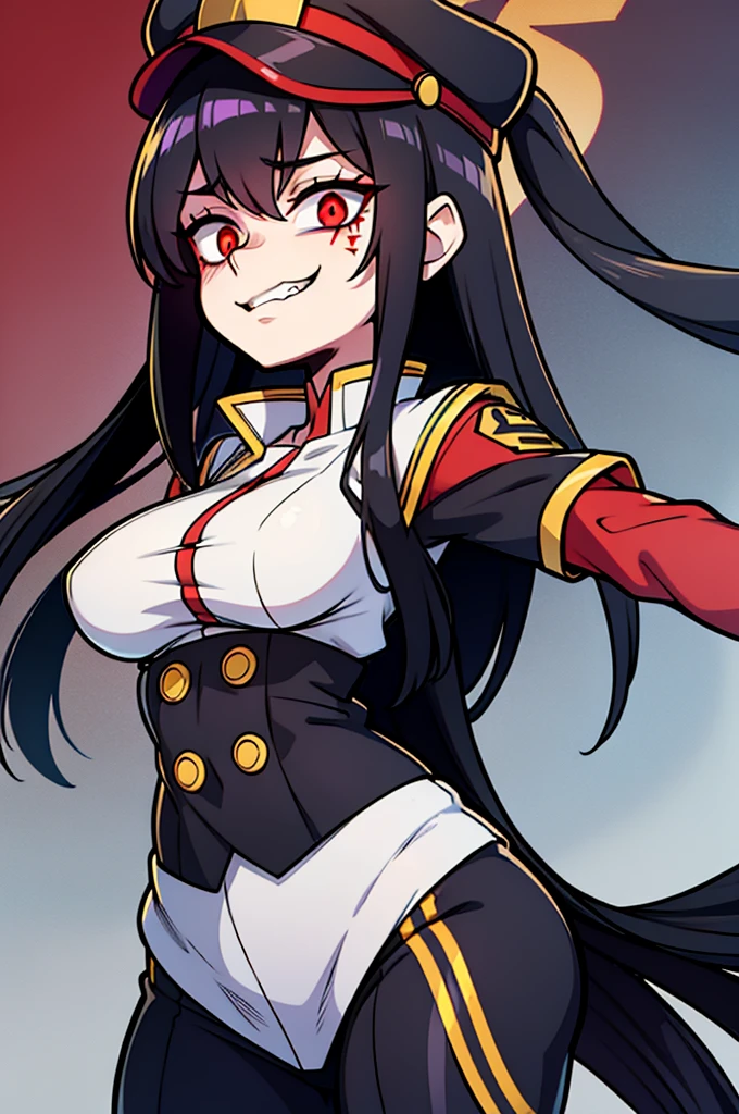 Masterpiece, Best Quality, Highly detailed, illustration, absurdres, street fighter, doll suit, shadaloo doll, agent aika, girls, multiple girls, expressionless, blank eyes, looking at viewer, red gloves, emotionless, black latex, corrution, mind control, female combatant, full body, hypnotized, unhappy trance, full body suit, leotard, perfect female body, extremely glossy latex, Delmo Uniform, belt, hypnosis, hypnoLora, empty eyes, Mind control device, thigh high, poses, submissive_pose, visor, standing, standing at attention, standing at attention, Slave, full tight leg, hat, ribbed bodysuit, nazi saluting, military, military saluting, salute, naughty face, thick_thighs, latex thigh boots, evil grin, dark magical girl, layered skirt, showgirl skirt, Aya Asagiri, Mahou Shoujo Site, long_hair, black_hair, bangs, purple_eyes, red_eyes