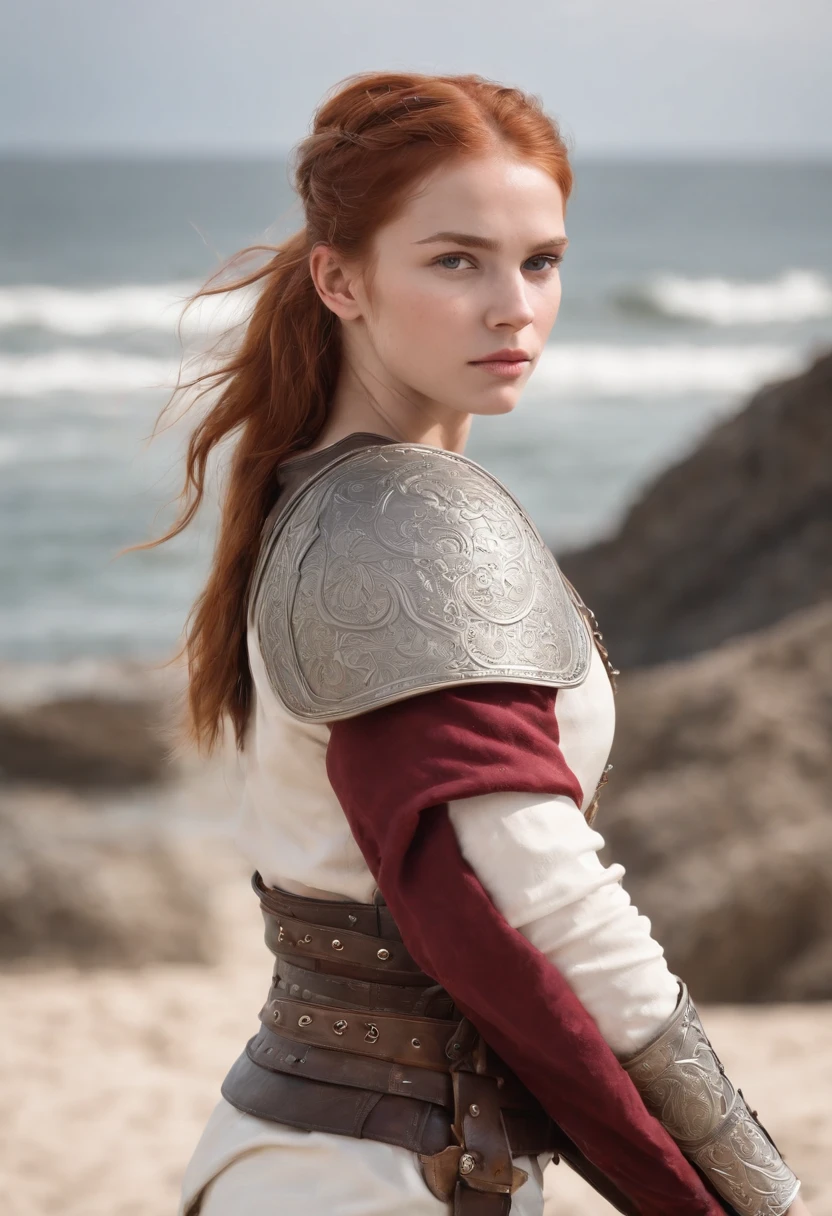 norwegian girl ,Red-haired ponytail, dusty face, wearing leather armor, against the background of a sandy beach, sword in hands, Wind, photorealism, sharp focus, Realistic facial skin, oppressive atmosphere,View,erotic face、medieval female knight、Beautiful 14 year old Eyes、full body photo、Beautiful girl wearing white sarouel pants、whole body posture