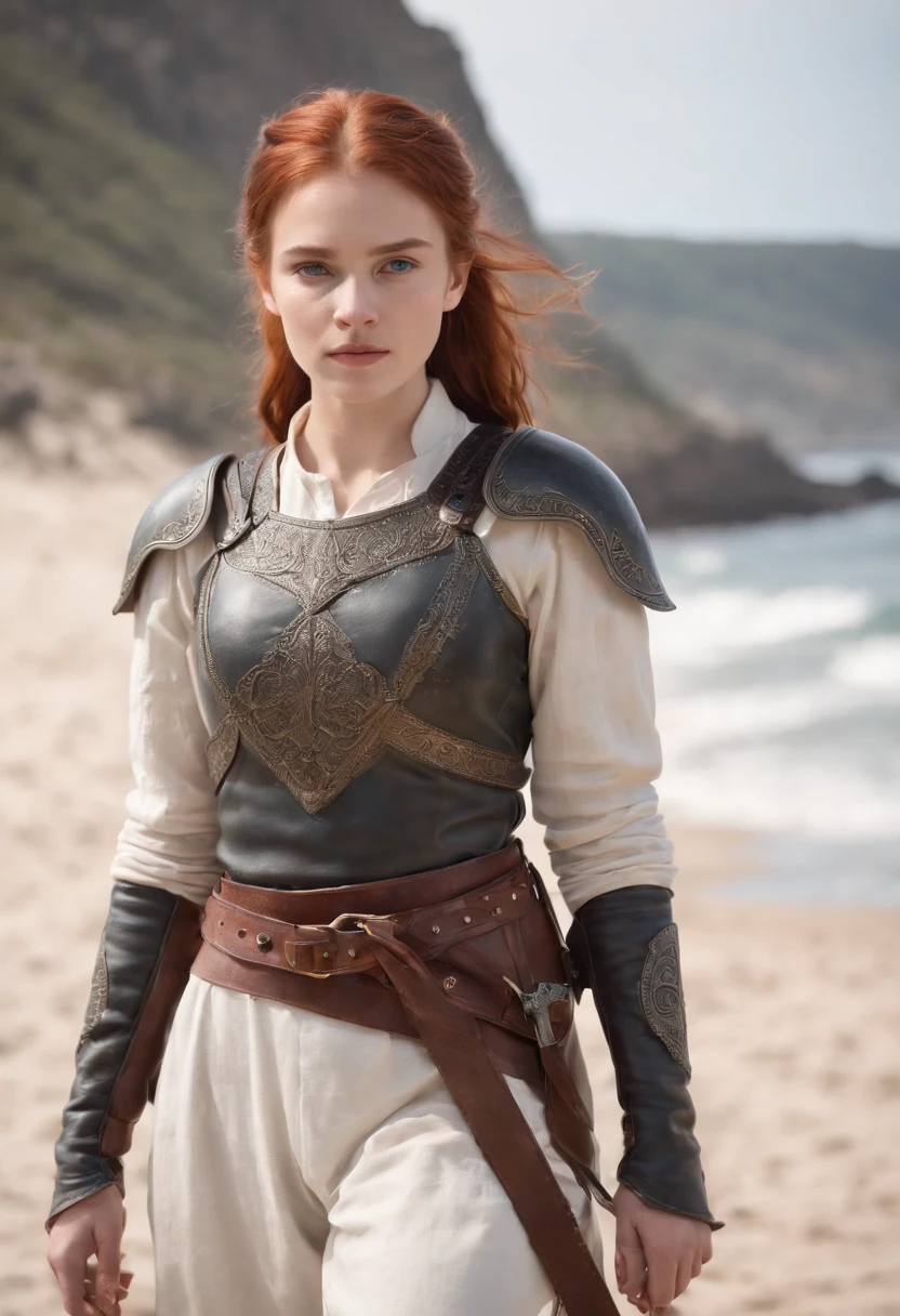 Full body photo of the girl、Beautiful Norwegian 13 year old girl、girl with hazel eyes、Redhead shortcuts、dusty face、beautiful medieval female knight、she wears leather armor、not plate armor、Linen clothes underneath the leather armor、Leather gloves、linen sarouel pants、Leather sandals、she holds a bronze sword in her right hand、she holds a wooden shield in her left hand、Girl standing against the background of a sandy beach、Wind、sharp focus、realな顔の肌、heavy atmosphere、erotic face、hyper quality、High definition、real、photorealism、16k、4k、cinematic、
