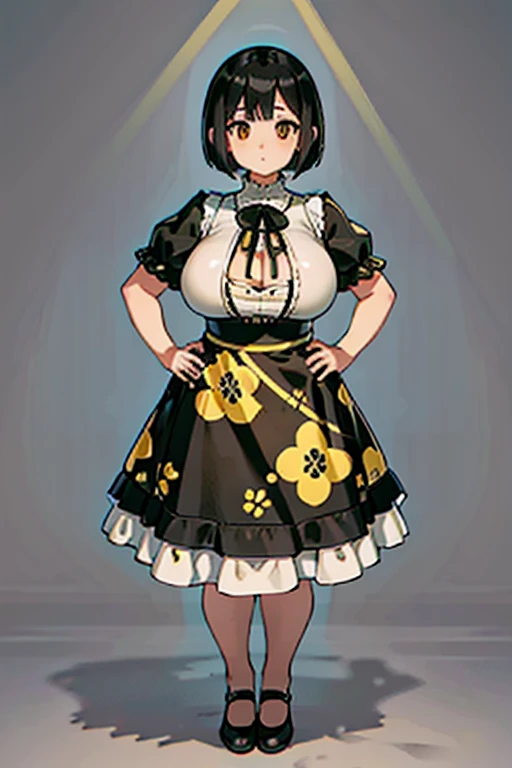 1 girl, ((masterpiece, side light, beautiful eyes: 1.2), Super detailed, ultra high resolution, professional lighting, high quality make up, beautiful detailed eyes), (highest quality:0.8), perfect anime illustrinion, beautiful, flin color background, simple background, whole body , looking for_in_viewer, 一人in, (whole body:1.5), (black hair:1.3), dark brown eyes, (big breasts:1.2), 一人in,Wasachiri, Huasachina, sash, puffy dress, dress, Puffy short sleeves, pantyhose, black shoes, Floral, print dress, put your hands on your hips, handkerchief,tof, (asymmetric bob cut:1.1),(low length:1.1),(Chubby:1.2),(おinこ:1.2),(boobs for days:1.2),(huge boobs:1.2),(short legs),(plump:1.2),(curvy:1.2),(chubby:1.2)