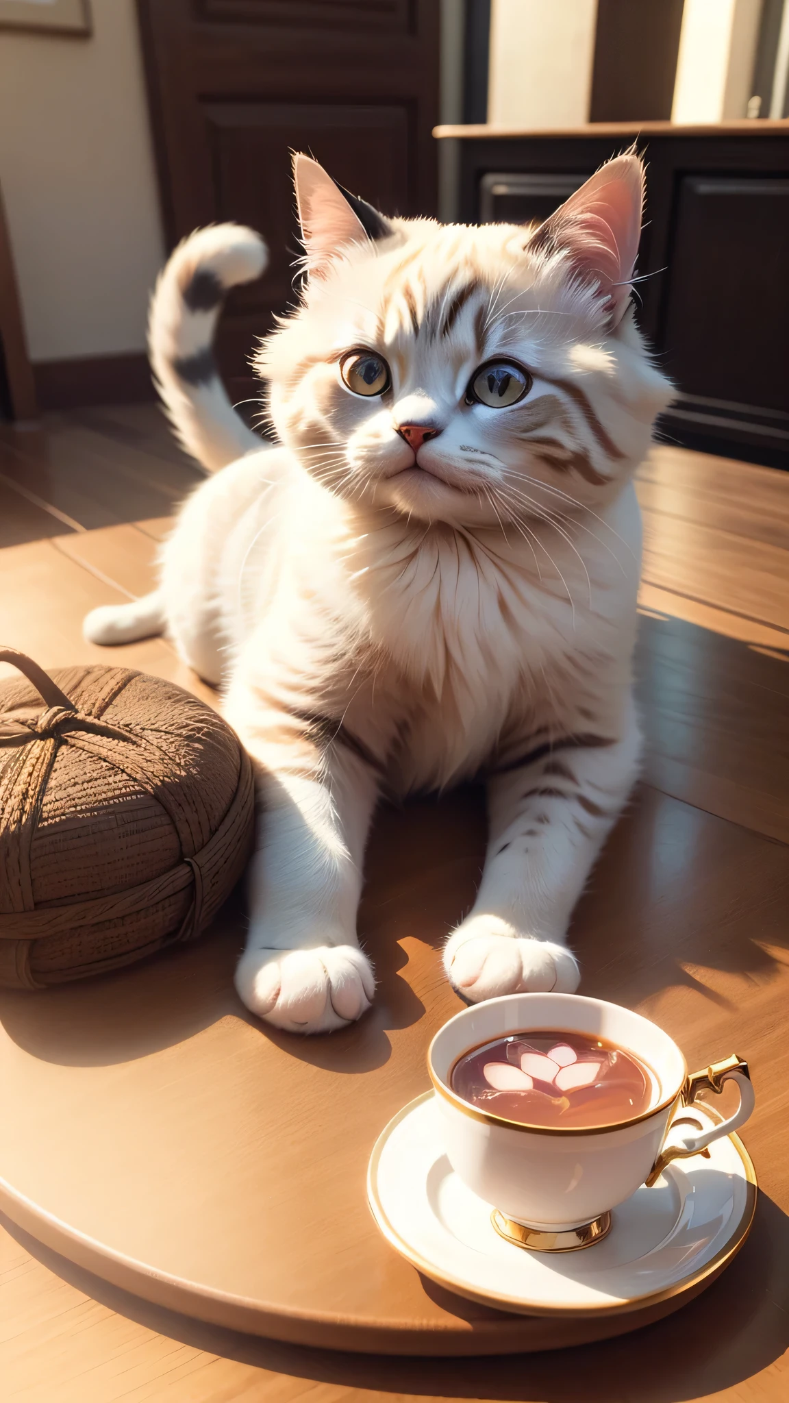 Cat, (Himalayan), (Small)))),, Face, Front paws out, 8K, Professional photo, Delicate, Clear, On the table, Inside the house, Sunshine, Light Leak, Masterpiece, ((Pretty))), Fashionable Teacup, (Reality), Plush Toy, Round Pupils