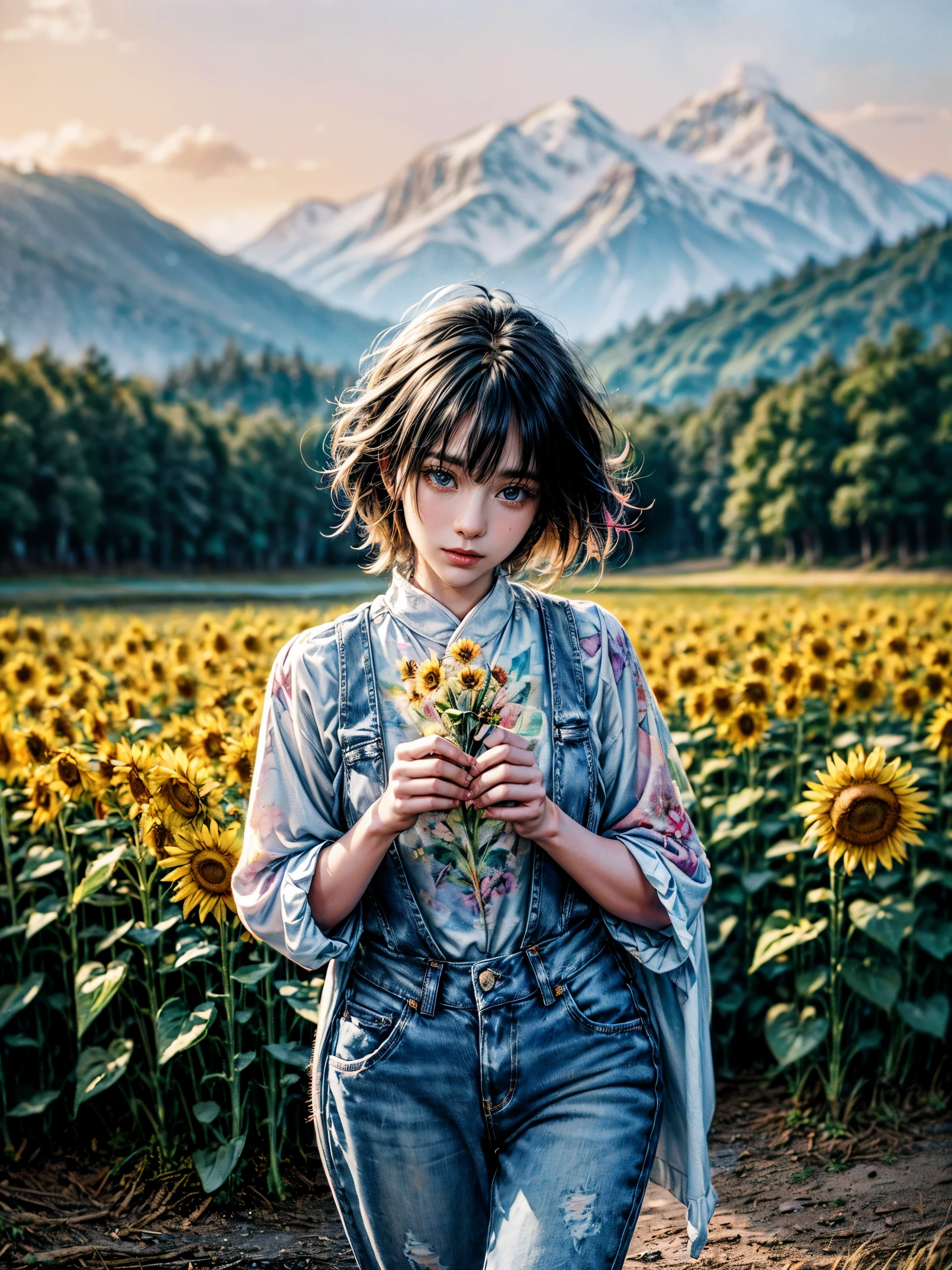 A beauty、sweet、Kind chinese village girl watercolor painting，Long black hair and warm brown skin，Wearing simple blue suspender jeans and a white plaid shirt，Very nice eyes and face，big watery eyes，long eyelashes，Beautiful teeth，Long legs，Perfect slender figure，Standing in a sunflower field at sunset，golden soft light，Beautiful village in the background，A river，A small bridge，mountains in the distance，（best picture quality，8k，high resolution，masterpiece：1.2），Super detailed，ultra high definition，Studio lighting，Super fine，Extremely detailed description，major，bright colors，Dutch Golden Age，pastel colors，Sunset lights，(floral watercolor painting:1.5)，(Super high saturation, bright and vivid colors:1.5), (nsfw), (Look at the audience head-on:1.5)