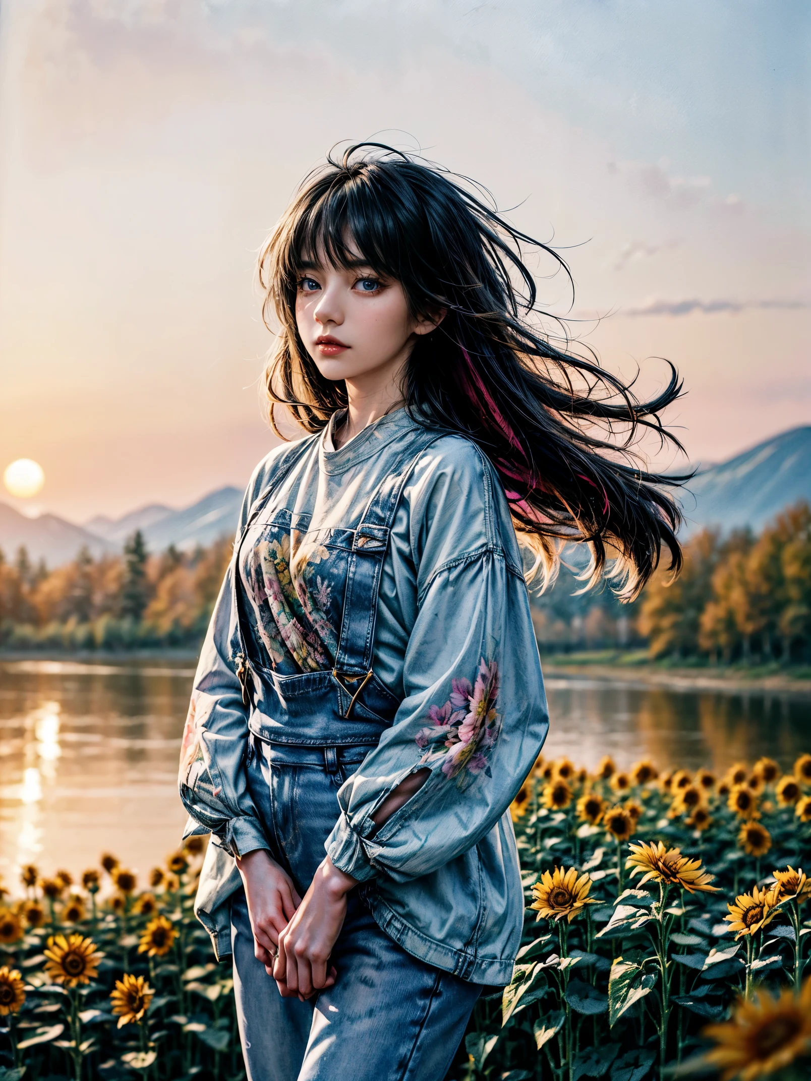 A beauty、sweet、Kind chinese village girl watercolor painting，Long black hair and warm brown skin，Wearing simple blue suspender jeans and a white plaid shirt，Very nice eyes and face，big watery eyes，long eyelashes，Beautiful teeth，Long legs，Perfect slender figure，Standing in a sunflower field at sunset，golden soft light，Beautiful village in the background，A river，A small bridge，mountains in the distance，（best picture quality，8k，high resolution，masterpiece：1.2），Super detailed，ultra high definition，Studio lighting，Super fine，Extremely detailed description，major，bright colors，Dutch Golden Age，pastel colors，Sunset lights，(floral watercolor painting:1.5)，(Super high saturation, bright and vivid colors:1.5), (nsfw), (Look at the audience head-on:1.5)