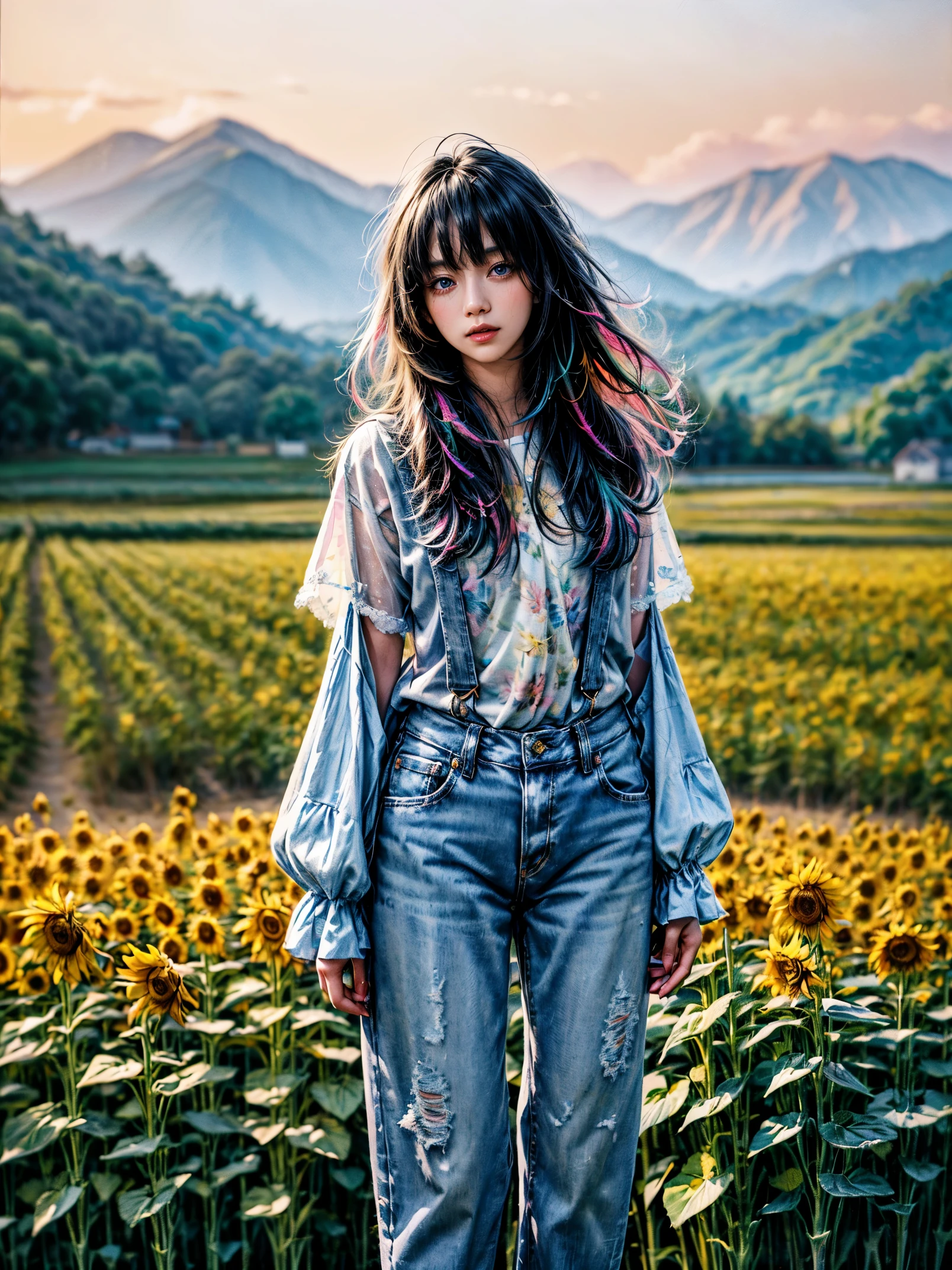A beauty、sweet、Kind chinese village girl watercolor painting,Long black hair and warm brown skin,Wearing simple blue suspender jeans and a white plaid shirt,Very nice eyes and face,big watery eyes,long eyelashes,Beautiful teeth,Long legs,Perfect slender figure,Standing in a sunflower field at sunset,golden soft light,Beautiful village in the background,A river,A small bridge,mountains in the distance,(best picture quality,8k,high resolution,masterpiece:1.2),Super detailed,ultra high definition,Studio lighting,Super fine,Extremely detailed description,major,bright colors,Dutch Golden Age,pastel colors,Sunset lights,(floral watercolor painting:1.5),(Super high saturation, bright and vivid colors:1.5), (nsfw), (Look at the audience head-on:1.5)