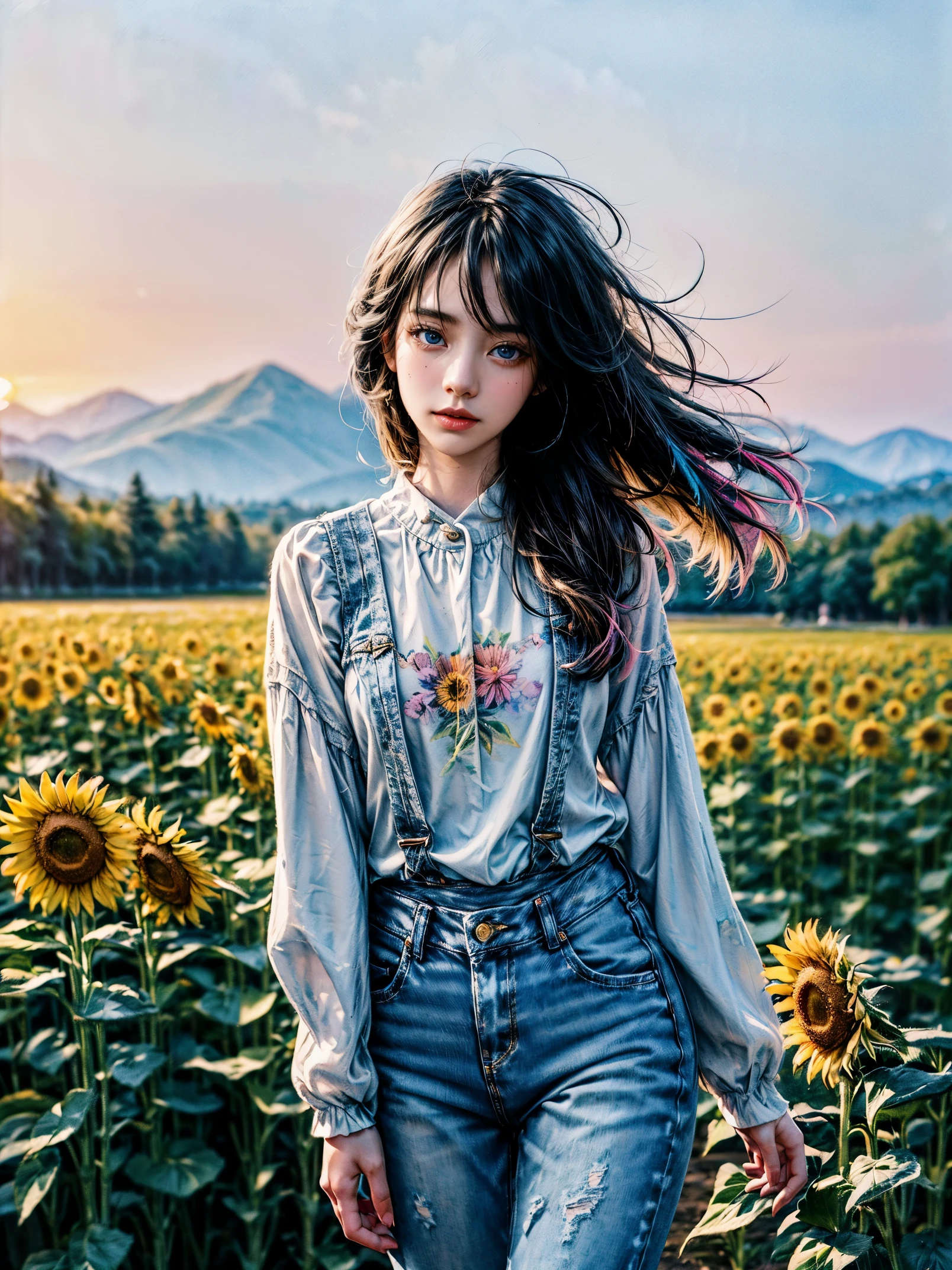 A beauty、sweet、Kind chinese village girl watercolor painting,Long black hair and warm brown skin,Wearing simple blue suspender jeans and a white plaid shirt,Very nice eyes and face,big watery eyes,long eyelashes,Beautiful teeth,Long legs,Perfect slender figure,Standing in a sunflower field at sunset,golden soft light,Beautiful village in the background,A river,A small bridge,mountains in the distance,(best picture quality,8k,high resolution,masterpiece:1.2),Super detailed,ultra high definition,Studio lighting,Super fine,Extremely detailed description,major,bright colors,Dutch Golden Age,pastel colors,Sunset lights,(floral watercolor painting:1.5),(Super high saturation, bright and vivid colors:1.5), (nsfw), (Look at the audience head-on:1.5)