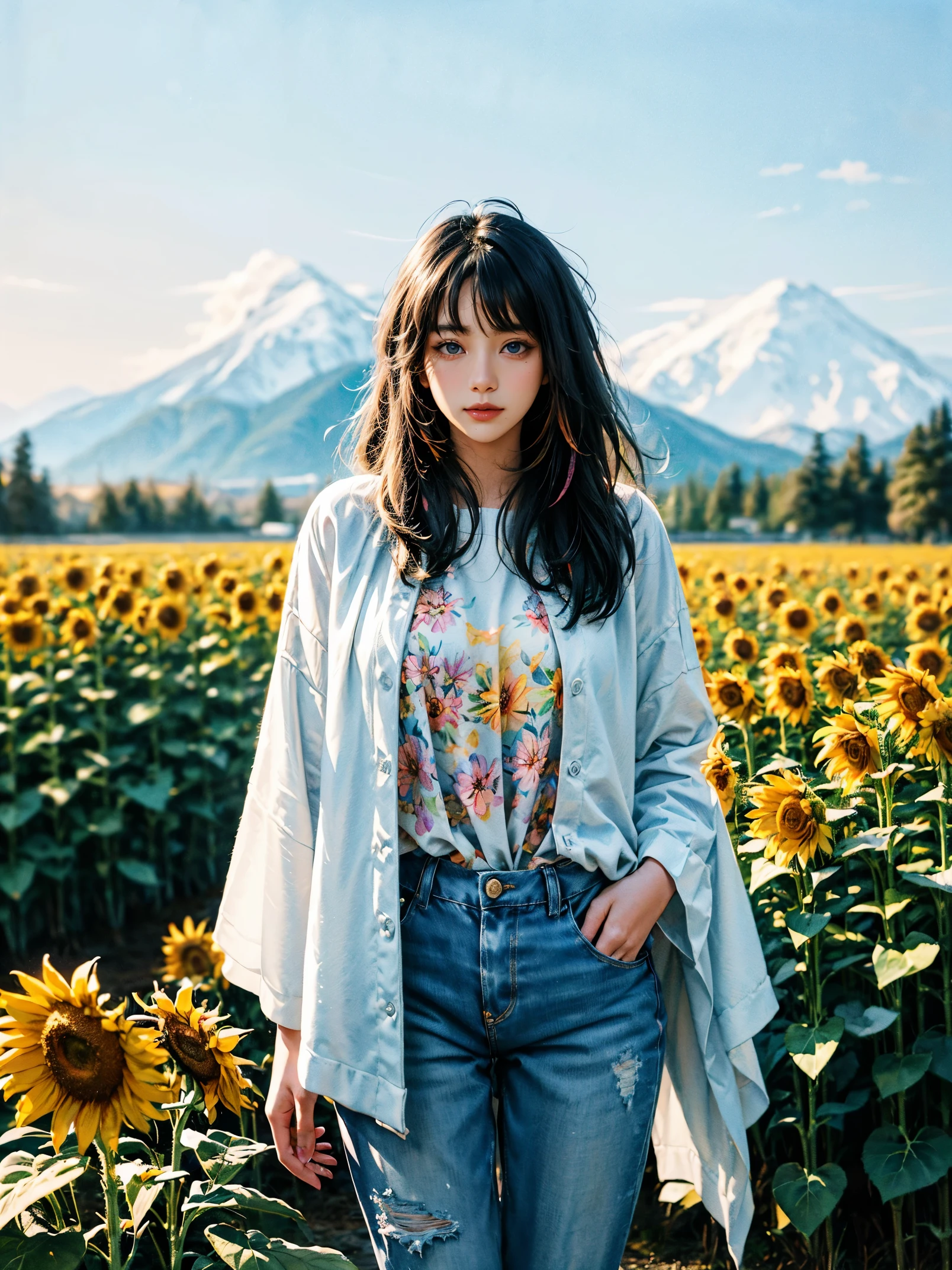 A beauty、sweet、Kind chinese village girl watercolor painting，Long black hair and warm brown skin，Wearing simple blue suspender jeans and a white plaid shirt，Very nice eyes and face，big watery eyes，long eyelashes，Beautiful teeth，Long legs，Perfect slender figure，Standing in a sunflower field at sunset，golden soft light，Beautiful village in the background，A river，A small bridge，mountains in the distance，（best picture quality，8k，high resolution，masterpiece：1.2），Super detailed，ultra high definition，Studio lighting，Super fine，Extremely detailed description，major，bright colors，Dutch Golden Age，pastel colors，Sunset lights，(floral watercolor painting:1.5)，(Super high saturation, bright and vivid colors:1.5), (nsfw), (Look at the audience head-on:1.5)