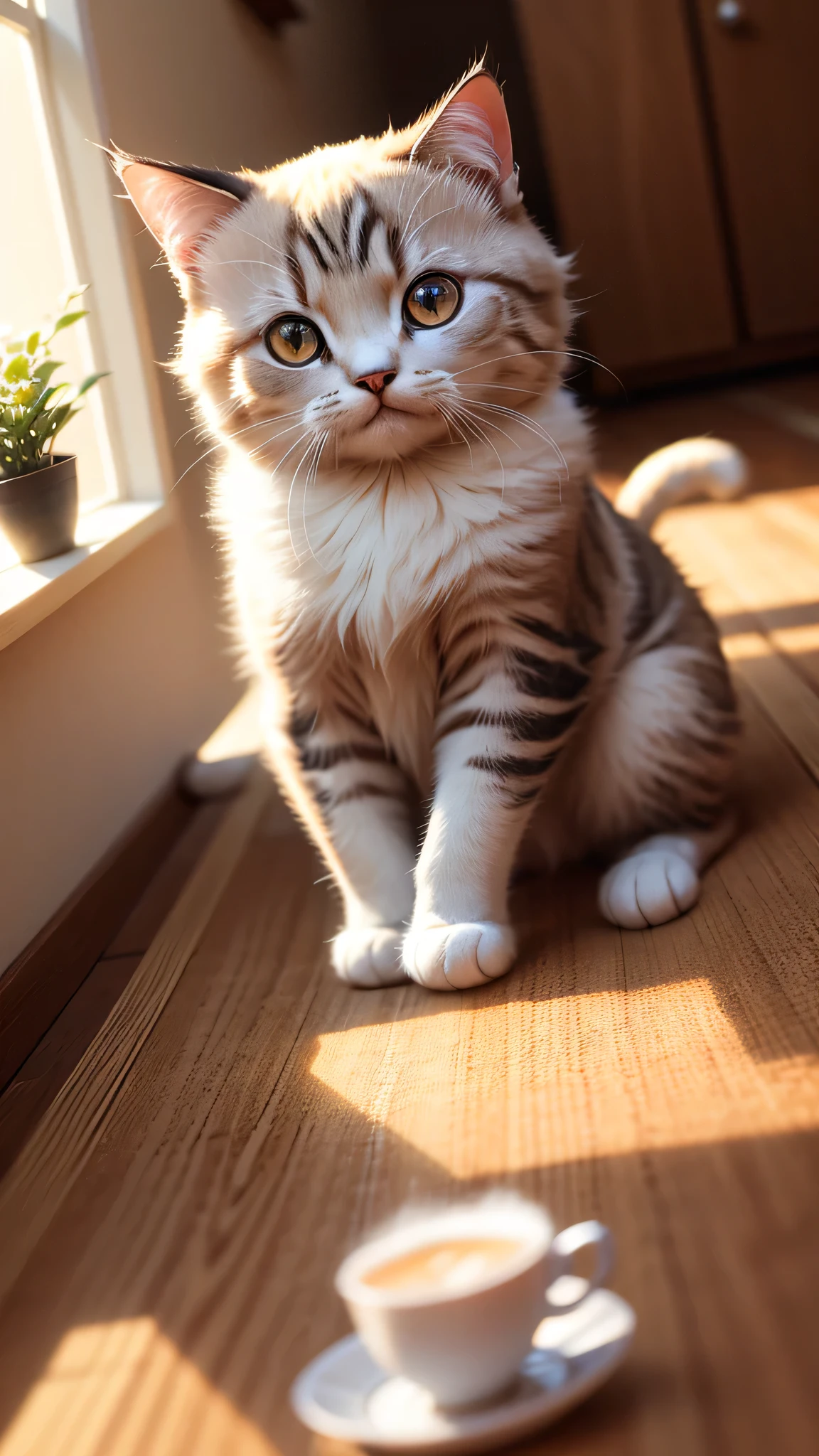 Cat, (Himalayan), (Small)))),, Face, Front paws out, 8K, Professional photo, Delicate, Clear, On the table, Inside the house, Sunshine, Light Leak, Masterpiece, ((Pretty))), Fashionable Teacup, (Reality), Plush Toy, Round Pupils