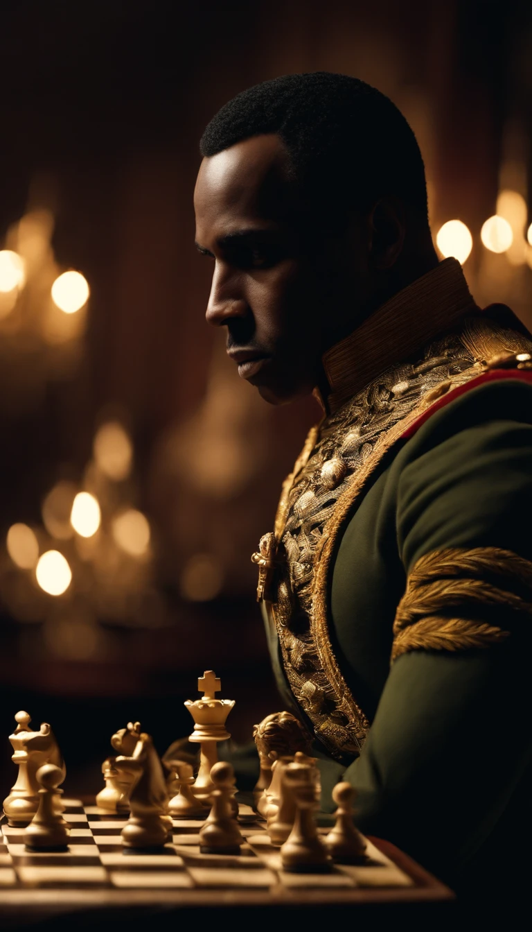 "Produce an incredibly detailed, ultra-realistic 4K image that captures the handsome Black Napoleon as a chess mastermind. Mostrar Negro Bonito sentado em um tabuleiro de xadrez ornamentado, um jogo de xadrez diante dele. His intense gaze must be fixed on the board as he contemplates his next move.. Pieces must be intricately carved and positioned in a way that suggests a high risk., momento decisivo em um jogo. Lighting should enhance the drama and strategic ambience of the scene, enfatizando sua genialidade como estrategista tanto na guerra quanto no xadrez;."