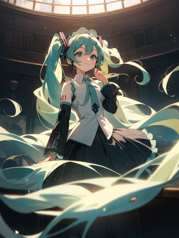 ((obra maestra))
(mejor_calidad)(1 chica)
 frente a_espectador,lejos
(borroso_Fondo) (Profundidad_de_campo)
juego_room,desordenado_room,Otaku_room,(pantalla)
(Hatsune Miku) (dos colas)
(medio_senos)
Luz_Sonrisa,azul_ojos:1.4 brazos arriba, inclinado hacia adelante, mano en el propio pecho, ((Mano extendida))