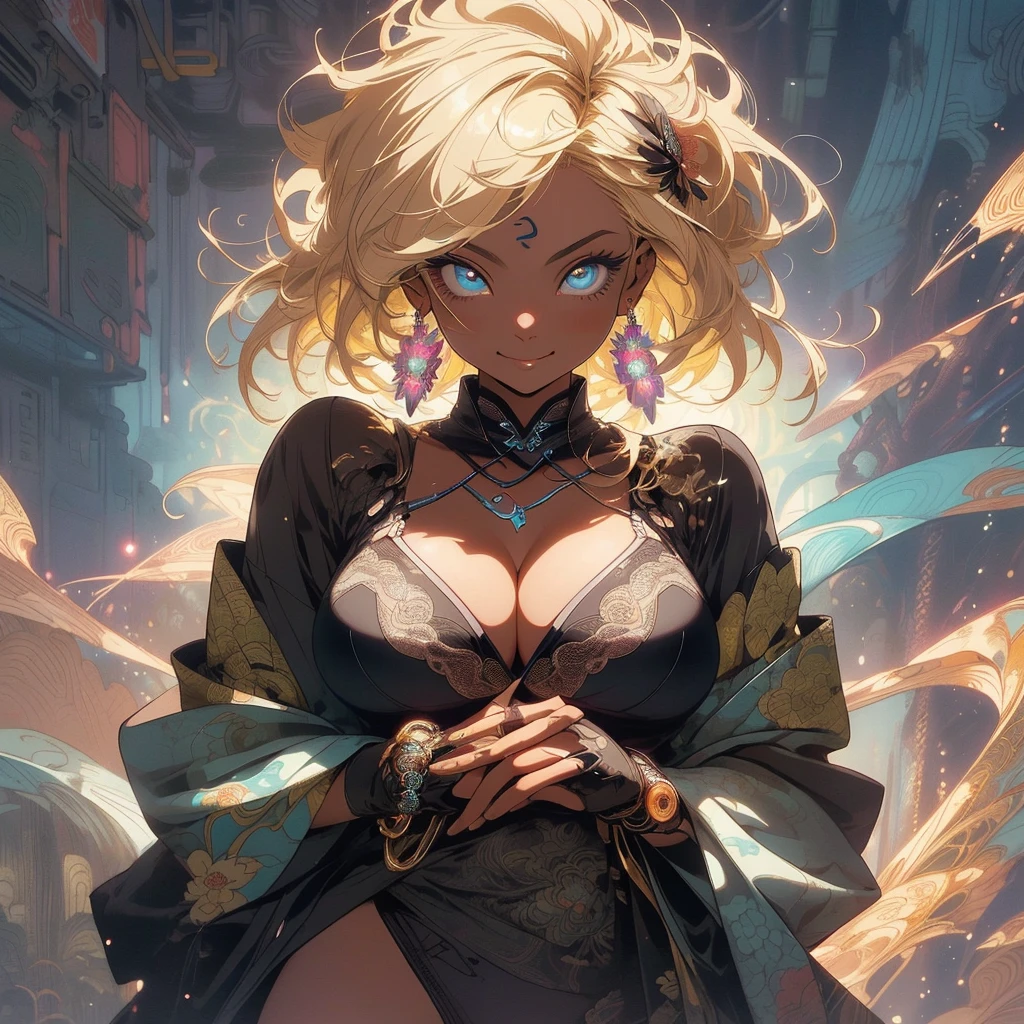 (((highest quality))),(((detailed eyes))),(((32K))),(1 dark skinned girl),Fancy blonde,(tattoo),cyber punk,kimono,((luxurious and gorgeous)),shiny skin,earrings,Stylish costumes,((Super beautiful)),(perfect face),Japanese sword,ultimate texture,official art,Ukiyo-e,((stylish)),photograph,perfect body,smile,Bewitching,best image quality,super clear,genuine,fantasy,(Near the future),ninja,((perfect eyes)),((big breasts)),((Perfect cleavage)),highlight,挑発的なsmile,stick out tongue,Mechanical,mandala,Pouring rain,majestic,apotheosis,((fractal art:(1.3)),perfect lighting,colorful,((In underwear)),crow,