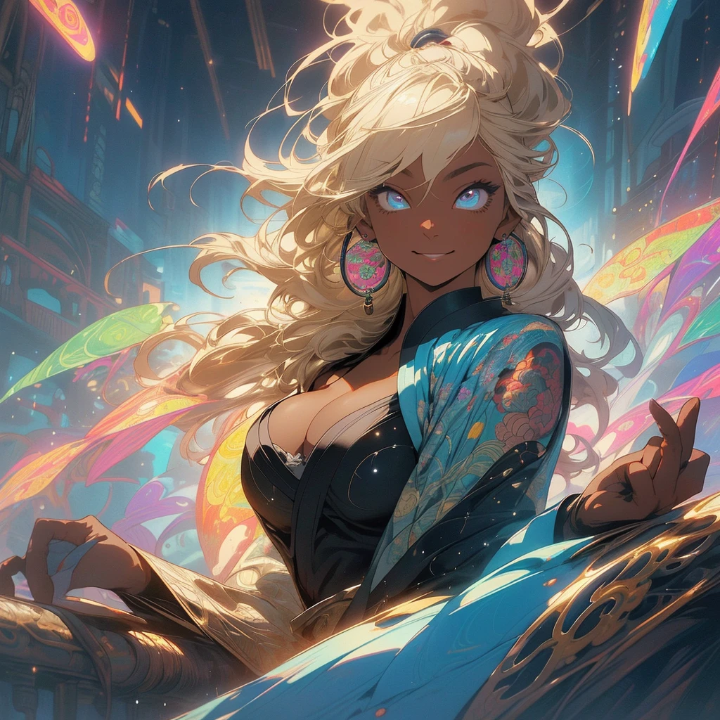 (((highest quality))),(((detailed eyes))),(((32K))),(1 dark skinned girl),Fancy blonde,(tattoo),cyber punk,kimono,((luxurious and gorgeous)),shiny skin,earrings,Stylish costumes,((Super beautiful)),(perfect face),Japanese sword,ultimate texture,official art,Ukiyo-e,((stylish)),photograph,perfect body,smile,Bewitching,best image quality,super clear,genuine,fantasy,(Near the future),ninja,((perfect eyes)),((big breasts)),((Perfect cleavage)),highlight,挑発的なsmile,stick out tongue,Mechanical,mandala,Pouring rain,majestic,apotheosis,((fractal art:(1.3)),perfect lighting,colorful,((In underwear)),crow,