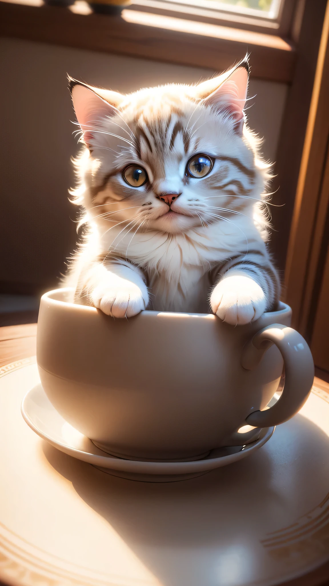 Cat, (Himalayan), (Small)))), in a teacup, Face, Front paws out, 8K, Professional photo, Delicate, Clear, On the table, Inside the house, Sunshine, Light Leak, Masterpiece, ((Pretty))), (Reality), Plush Toy, Round Pupils
