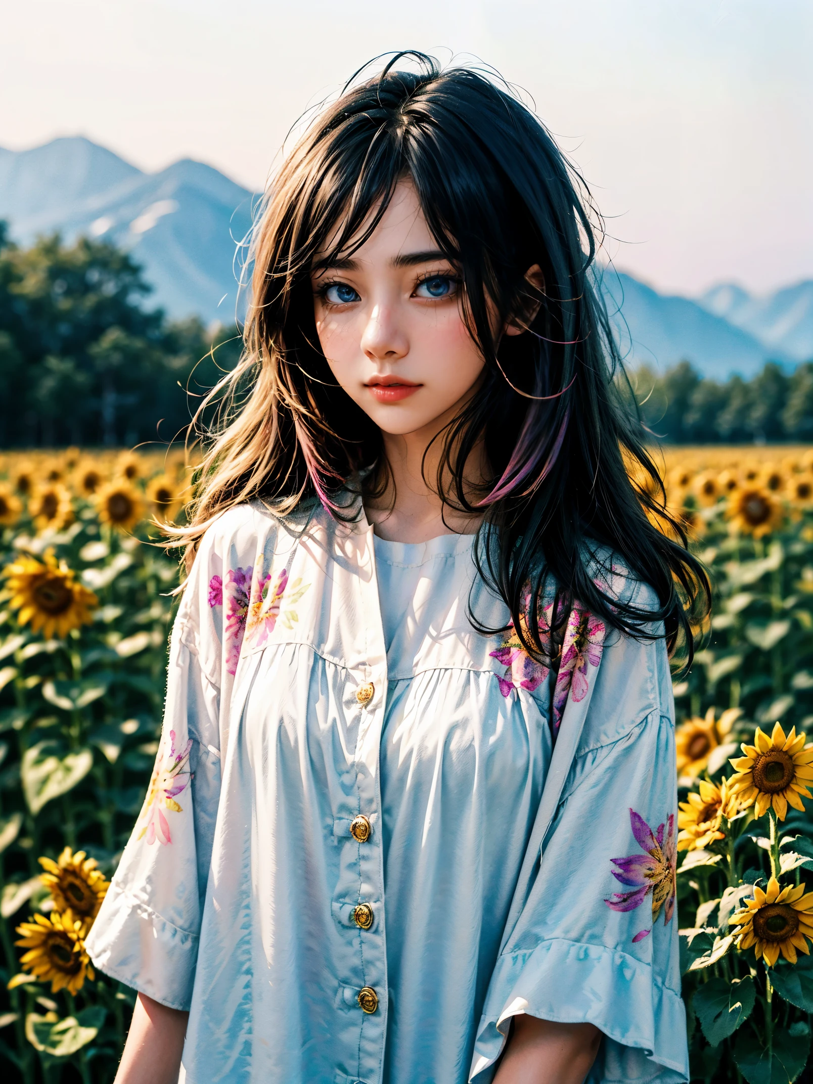 A beauty、sweet、Kind chinese village girl watercolor painting，Long black hair and warm brown skin，Wearing simple blue suspender jeans and a white plaid shirt，Very nice eyes and face，big watery eyes，long eyelashes，Beautiful teeth，Long legs，Perfect slender figure，Standing in a sunflower field at sunset，golden soft light，Beautiful village in the background，A river，A small bridge，mountains in the distance，（best picture quality，8k，high resolution，masterpiece：1.2），Super detailed，ultra high definition，Studio lighting，Super fine，Extremely detailed description，major，bright colors，Dutch Golden Age，pastel colors，Sunset lights，(floral watercolor painting:1.5)，(Super high saturation, bright and vivid colors:1.5), (nsfw), (Look at the audience head-on:1.5)