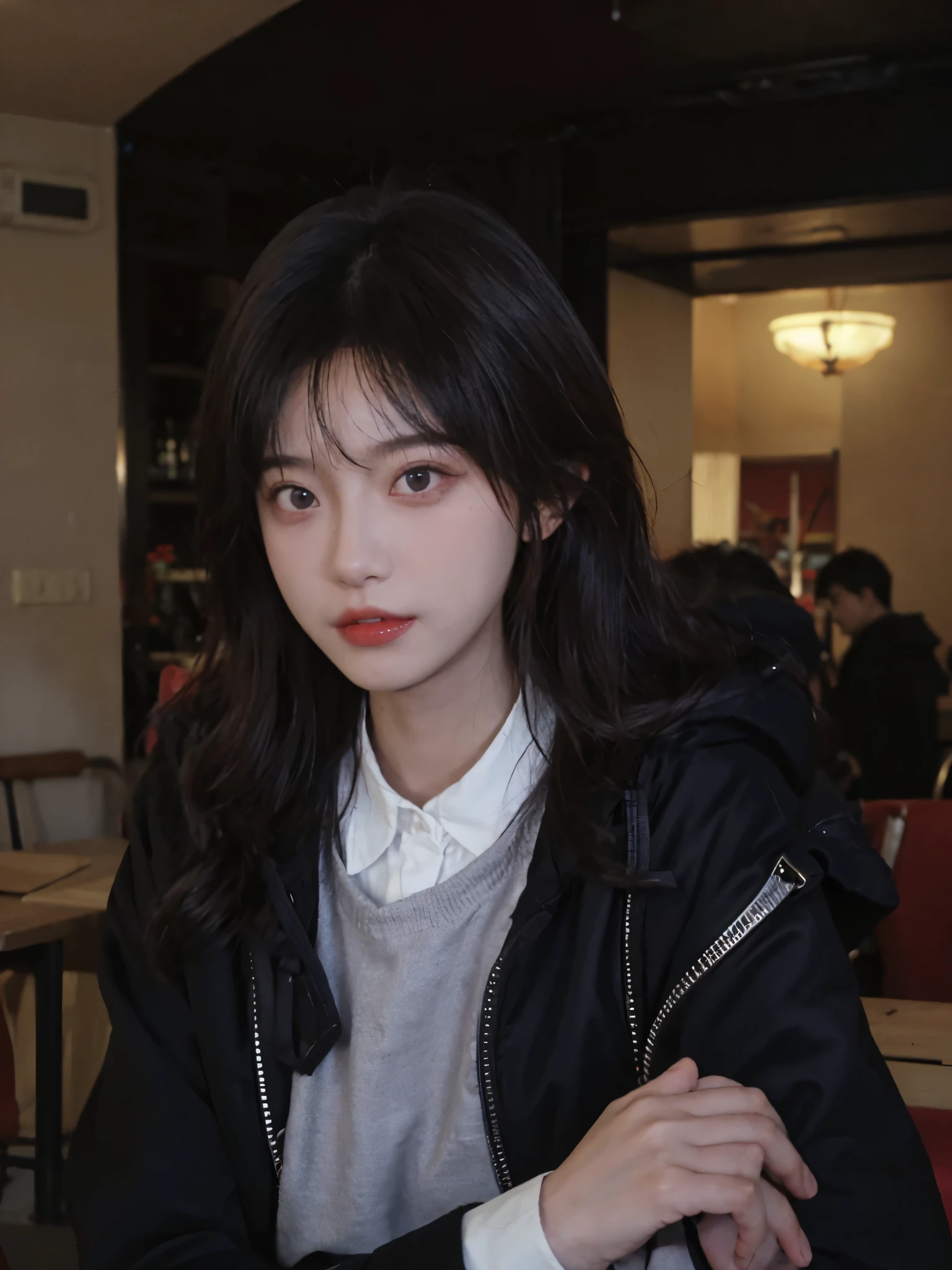 4K, 8k, masterpiece, best quality, Upper body, 1 girl, looking at the audience, Red hair, medium hair, purple eyes, devil horns, black coat, indoors, dim, The age of the actress is 23 years old, open bust