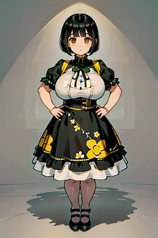 1 girl, ((masterpiece, side light, beautiful eyes: 1.2), Super detailed, ultra high resolution, professional lighting, high quality make up, beautiful detailed eyes), (highest quality:0.8), perfect anime illustrinion,  beautiful, flin color background, simple background, whole body ,  looking for_in_viewer, 一人in, (whole body:1.5), (black hair:1.3), dark brown eyes, (big breasts:1.2), 一人in,Wasachiri, Huasachina,  sash, puffy dress, dress, Puffy short sleeves, pantyhose, black shoes, Floral, print dress, put your hands on your hips, handkerchief,tof, (asymmetric bob cut:1.1),(low length:1.1),(Chubby:1.2),(おinこ:1.2),(boobs for days:1.2),(huge boobs:1.2),(short legs),(plump:1.2),(curvy:1.2),(chubby:1.2)