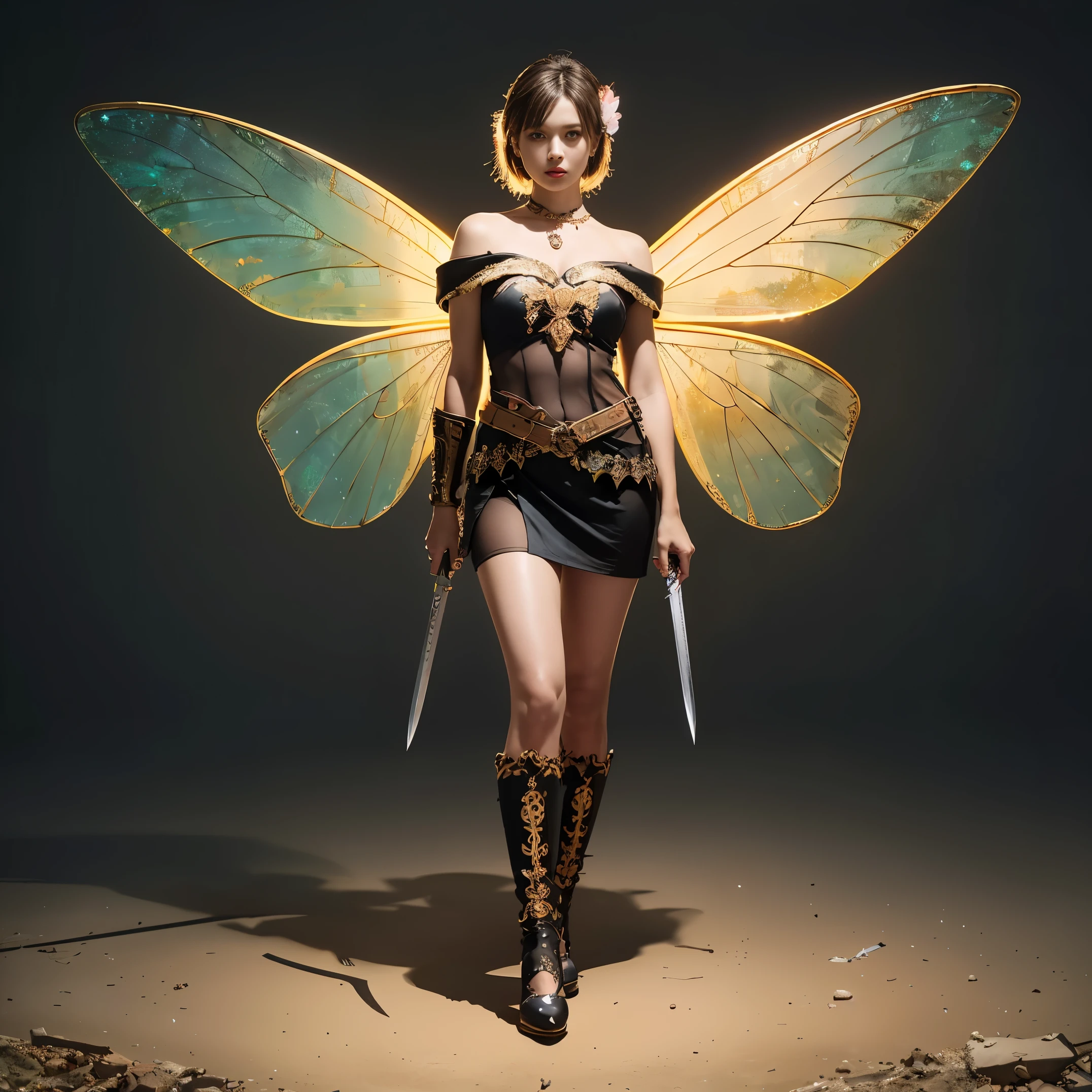 (Numerous award-winning masterpiece, with incredible detail, textures and maximum detail), (full-body standing image:1.8), (hyper realistic:1.4), best quality real texture skin, (Beautiful Fairy Veteran Warrior:1.7), (Holds a straight sword hilt with elaborate decoration that gives off a mysterious glow:1.9), (Detailed, beautifully clear, perfectly circular symmetrical eyes), (finely drawn beautiful face), ((medieval world)), (Full body armor with delicate decorations that are damaged in places:1.9), (full-body standing image:1.8), (Mysterious and clear beautiful colored eyes full of joy:1.2), (faint smile appears on the corner of the mouth:1.1), (Shining majestic cloud masses and sky:1.4), Dramatic Light, majestic sight, (insect wings and wings are translucent:1.8), (four pieces transparent wings with insect wings veins similar to dragonfly wings behind the shoulders:1.9), Ancient intricately crafted earrings on the ears, (full-body standing image:1.8), (dramatic photo), (golden hair, silver hair, chestnut hair, white hair), Short cut hair, ((looks up)), ((looking down)), (Around her neck is a simple Ancient necklace of exquisite workmanship), Old ruins infested with plants, great temple, great cathedral, temple ruins, detached temple, (Luminous magic circle), Ruins of an ancient castle, Deserted ruins, crumbling ruins, Ancient ruins with clear water, highly detailed, ultra-realistic, intricate details, painting (artwork), (masterpiece, best quality), (cinematic light), hyper realistic, dark fantasy, Sacred Light, epic realistic, faded, ((neutral colors)), art, (hdr:1.5), (muted colors:1.2), hyper detailed, (art station:1.5), cinematic, warm lights, light effect, dramatic light, (intricate details:1.1), complex background, (Greg Rutkowski:0.8), (teal and orange:0.4),