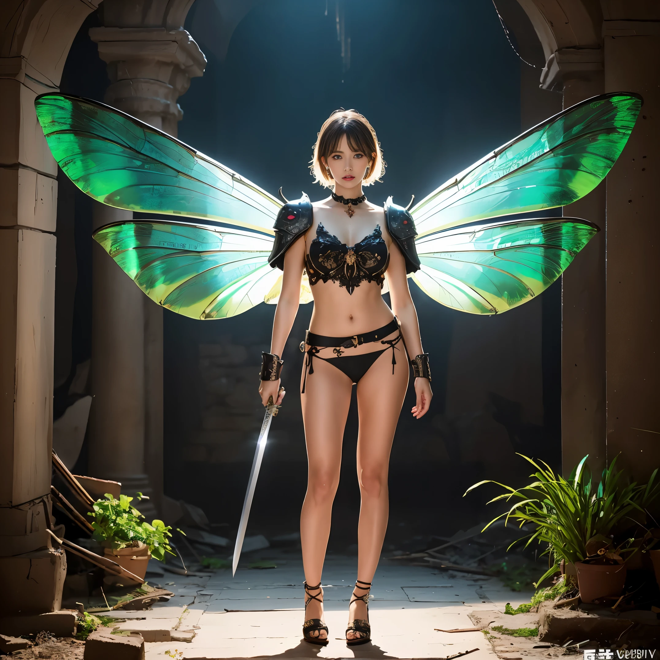 (Numerous award-winning masterpiece, with incredible detail, textures and maximum detail), (full-body standing image:1.8), (hyper realistic:1.4), best quality real texture skin, (Beautiful Fairy Veteran Warrior:1.7), (Holds a straight sword hilt with elaborate decoration that gives off a mysterious glow:1.9), (Detailed, beautifully clear, perfectly circular symmetrical eyes), (finely drawn beautiful face), ((medieval world)), (Full body armor with delicate decorations that are damaged in places:1.9), (full-body standing image:1.8), (Mysterious and clear beautiful colored eyes full of joy:1.2), (faint smile appears on the corner of the mouth:1.1), (Shining majestic cloud masses and sky:1.4), Dramatic Light, majestic sight, (insect wings and wings are translucent:1.8), (four pieces transparent wings with insect wings veins similar to dragonfly wings behind the shoulders:1.9), Ancient intricately crafted earrings on the ears, (full-body standing image:1.8), (dramatic photo), (golden hair, silver hair, chestnut hair, white hair), Short cut hair, ((looks up)), ((looking down)), (Around her neck is a simple Ancient necklace of exquisite workmanship), Old ruins infested with plants, great temple, great cathedral, temple ruins, detached temple, (Luminous magic circle), Ruins of an ancient castle, Deserted ruins, crumbling ruins, Ancient ruins with clear water, highly detailed, ultra-realistic, intricate details, painting (artwork), (masterpiece, best quality), (cinematic light), hyper realistic, dark fantasy, Sacred Light, epic realistic, faded, ((neutral colors)), art, (hdr:1.5), (muted colors:1.2), hyper detailed, (art station:1.5), cinematic, warm lights, light effect, dramatic light, (intricate details:1.1), complex background, (Greg Rutkowski:0.8), (teal and orange:0.4),