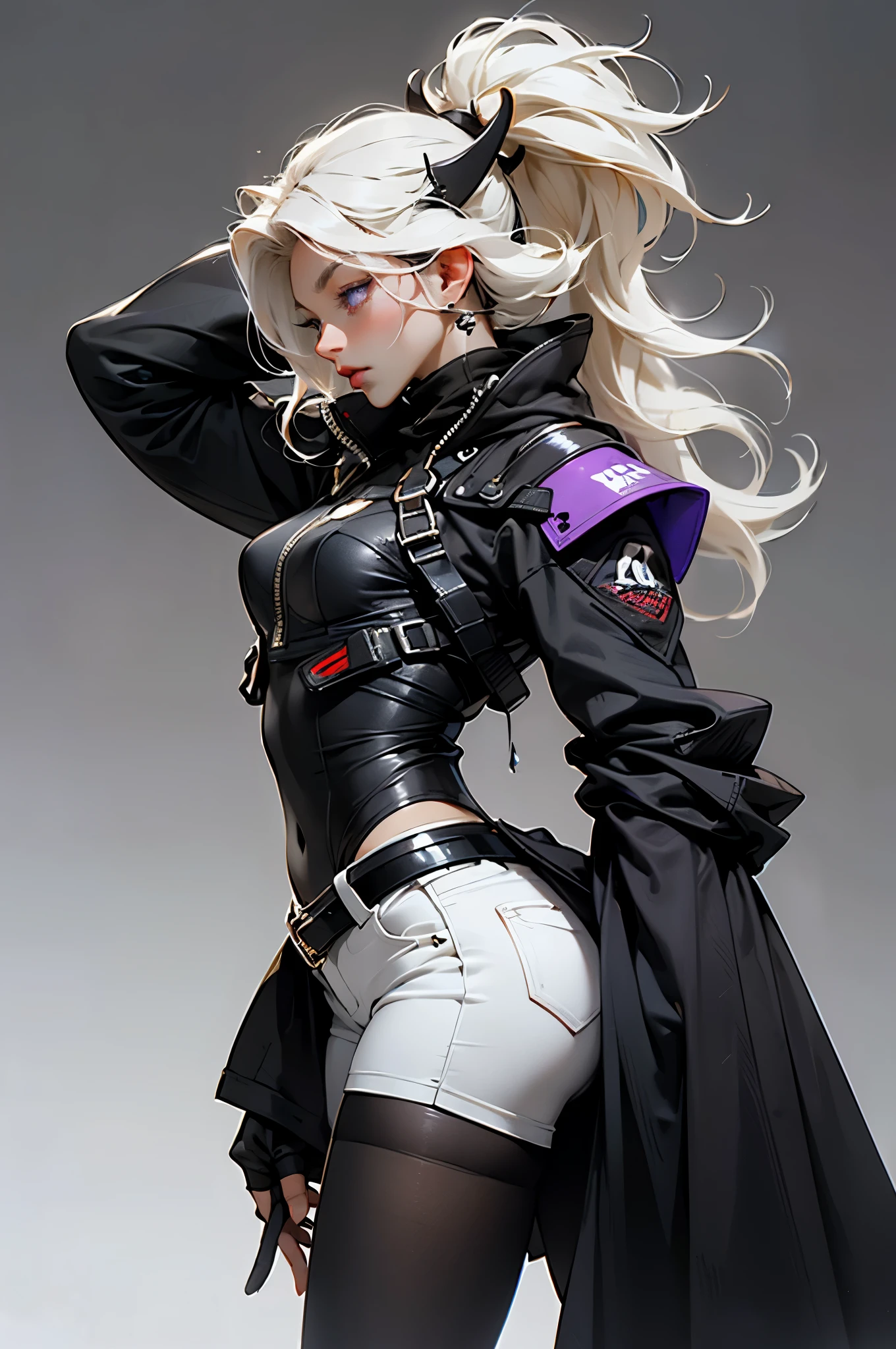 absurdres, ((high-resolution)), ultra detailed, vivid colors, abyssal goddess, big, dark skin, horns, white hair, ((medium hair)), (sidelocks:1.3), purple eyes, disheveled hair, tight sweater, short shorts, tight thights