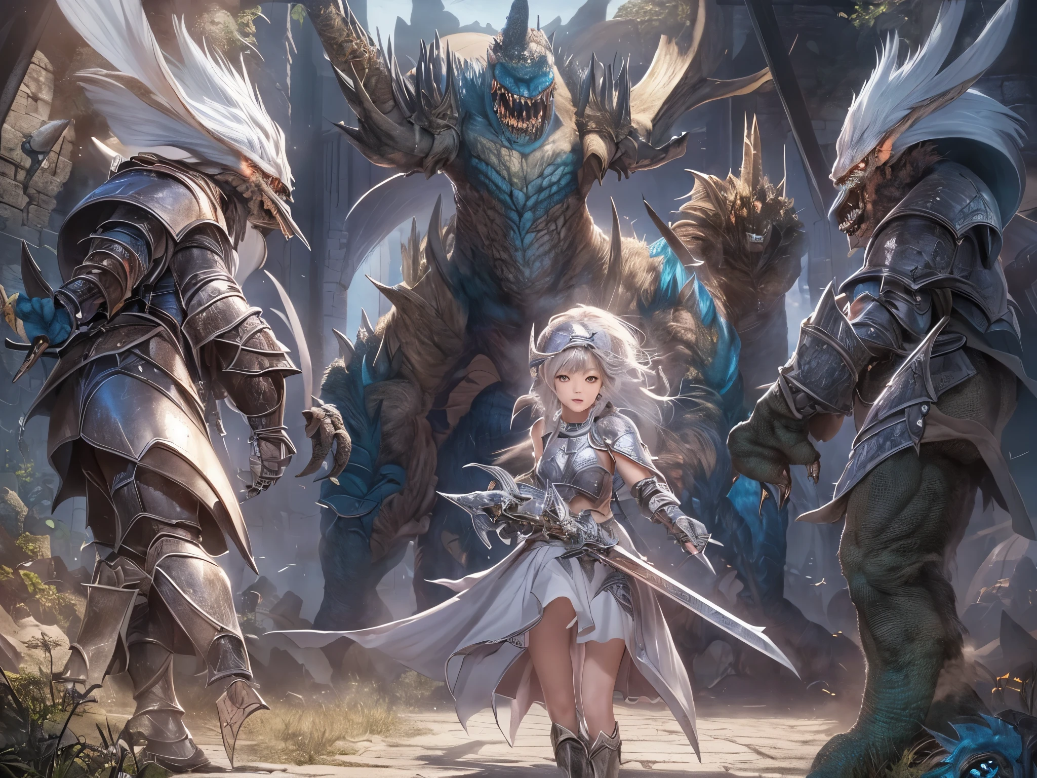 ((highest quality)),(ultra high resolution),(超詳New),(detailed description),((best CG)),(best work of art),super precision art,素晴らNew描写芸術,(Fantasy art with precise details:1.5), (1 Female Knight:1.6),beautiful and well-shaped face:1.6,Rin々New:1.5,natural makeup:1.4,short hair:1.8,Meticulously detailed armor:1.6,Precise and detailed reliefs:1.7,shining jewel:1.5, (inside a dark dungeon:1.7),((monster attacking:1.8))