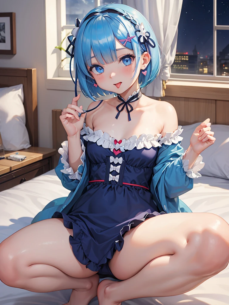 (((masterpiece)))), ((highest quality))), Rem(Re:zero),high resolution, thighs, squat, (Cute One Girl))), alone, white skin, small, eight-headed, (blue hair), ((short hair)), (straight bangs)), beautiful hair, blue eyes, Beautiful eyes in detail, ((tongue)), red face, heart, nightwear, frills, earrings, indoors, bed, (night), Shadow lighting,