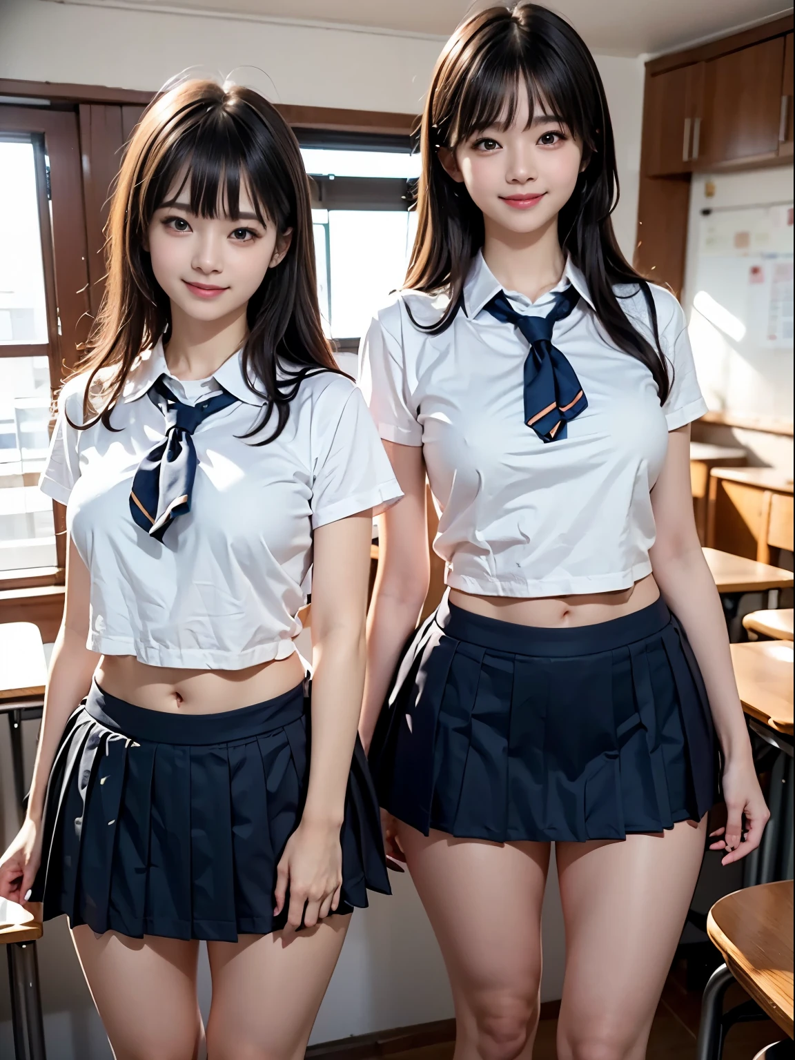 14 year old girl,Pose that emphasizes the chest by bending forward、cinematic light、shine a bright light on your face, smile、smile、red ribbon、plump thighs、big breasts、Whip breast、(High School Uniform ,mini skirt:1.3), School, classroom, clear、(highest quality:1.0), (realistic:1.0), (8K, RAW photo:1.1), (8k非常にbecome familiar withなCGユニットの壁紙), (highest quality), (best illustrations), (best shadow), (become familiar with: 1.4), 3D, HDR (high dynamic range), ray tracing, NVIDIA RTX, super resolution, scattered below the surface, PBR texture, Post-processing, anisotropic filtering, Depth of written boundary, maximum sharpness and acutance, multilayer texture, Albedo and highlight mapping, surface shading, Accurate simulation of light-matter interactions, perfect proportions, octane rendering, 超realistic、Photographed with Canon EOS R5、50mm lens、f / 2.8