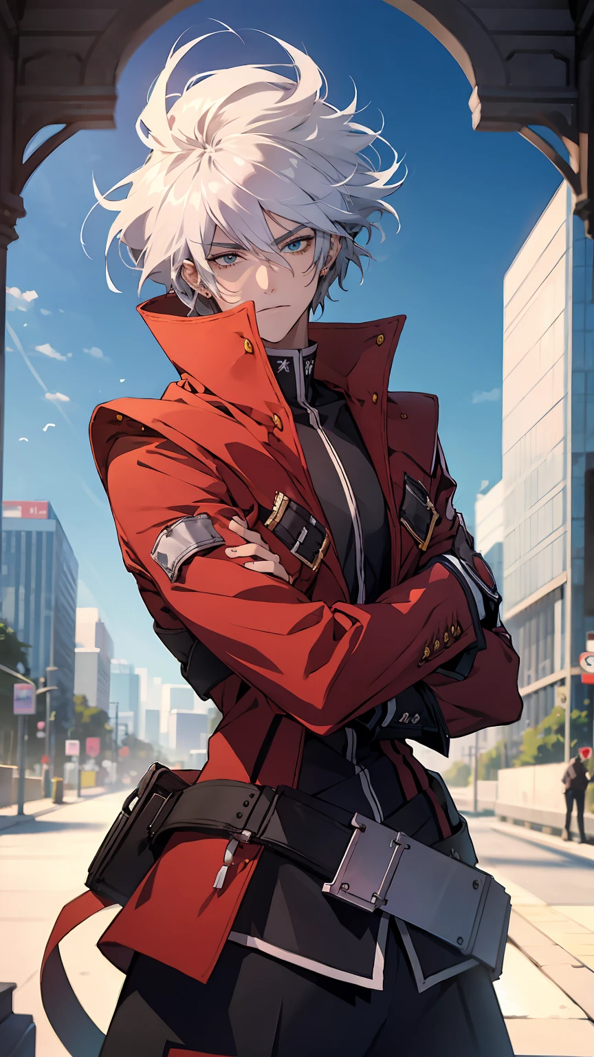 1young man,silver hair,modern buildings on the background,best quality, high quality, masterpiece,ultra-detailed 