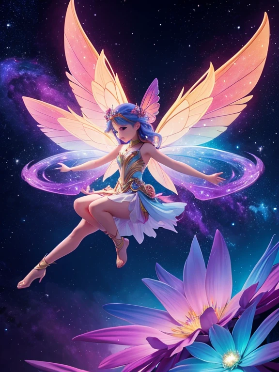 Create a beautiful mythical fairy flying over and around (vivid color) flowers, give it bright colors and a cosmic nebula look, HDR, 4K, UHD, 3D.