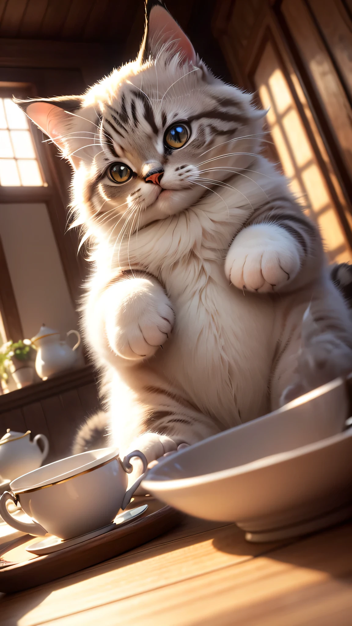 Cat, (Himalayan), (Small)))), in a teacup, Face, Front paws out, 8K, Professional photo, Delicate, Clear, On the table, Inside the house, Sunshine, Light Leak, Masterpiece, ((Pretty))), (Reality), Plush Toy, Round Pupils