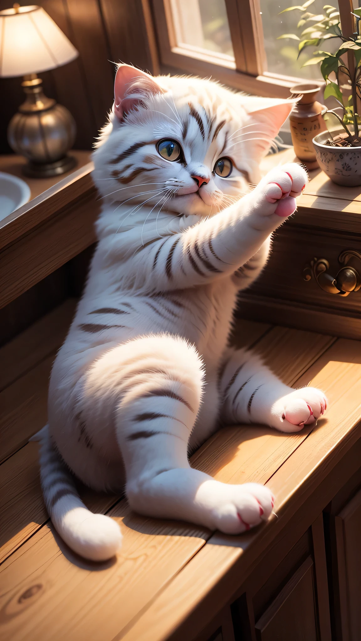 Cat, (Himalayan), (Small)))), Face, Front paws out, 8K, Professional photo, Delicate, Clear, On the table, Inside the house, Sunshine, Light Leak, Masterpiece, ((Pretty))), (Reality), Plush Toy, Round Pupils