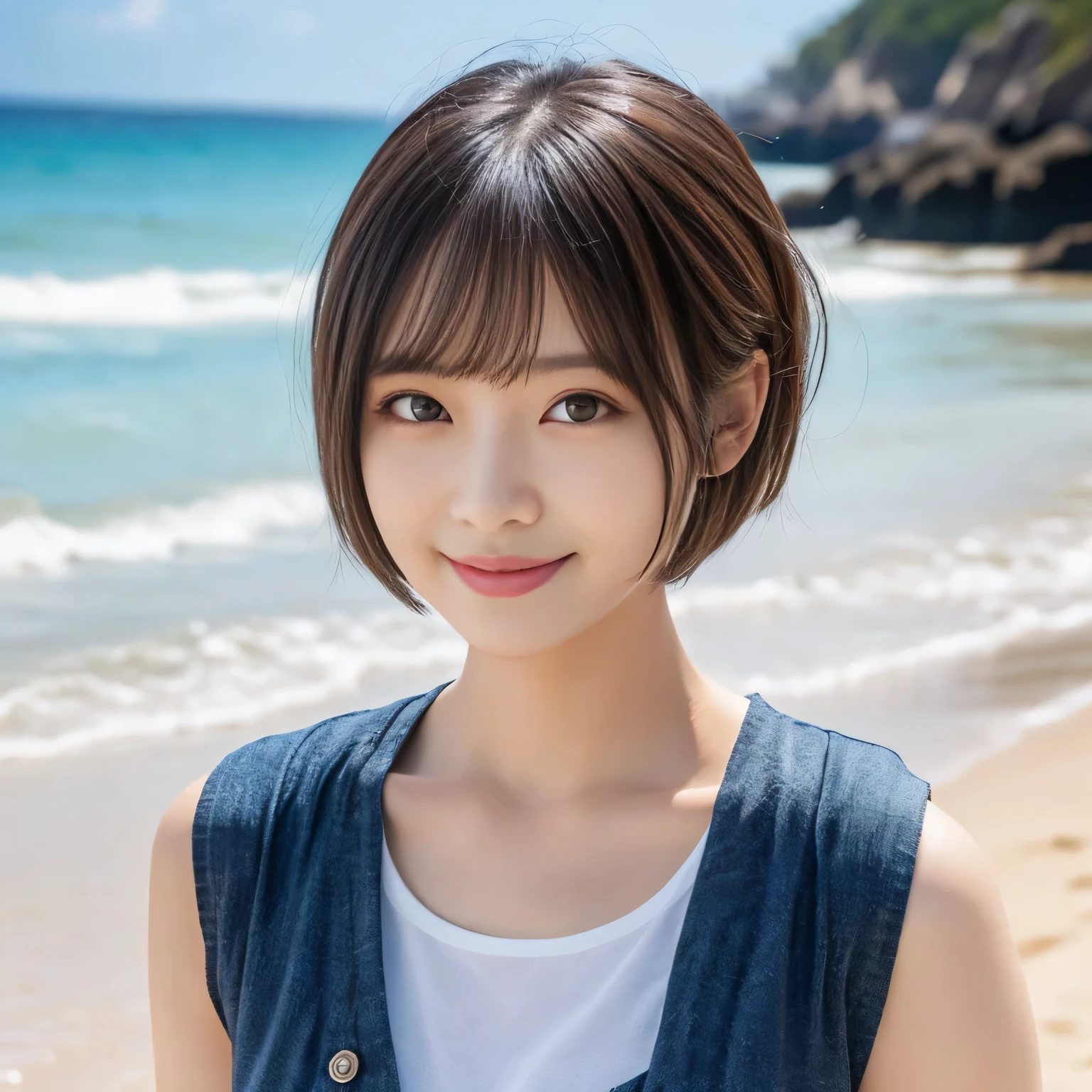 ((highest quality, 8K, masterpiece: 1.3)), beautiful woman with perfect figure: 1.4, (big: 1.2), Highly detailed face and skin texture, fine eyes, pose on the beach, 1 girl, cinematic, whole body, japanese goddess, short hair, smile, hot pants