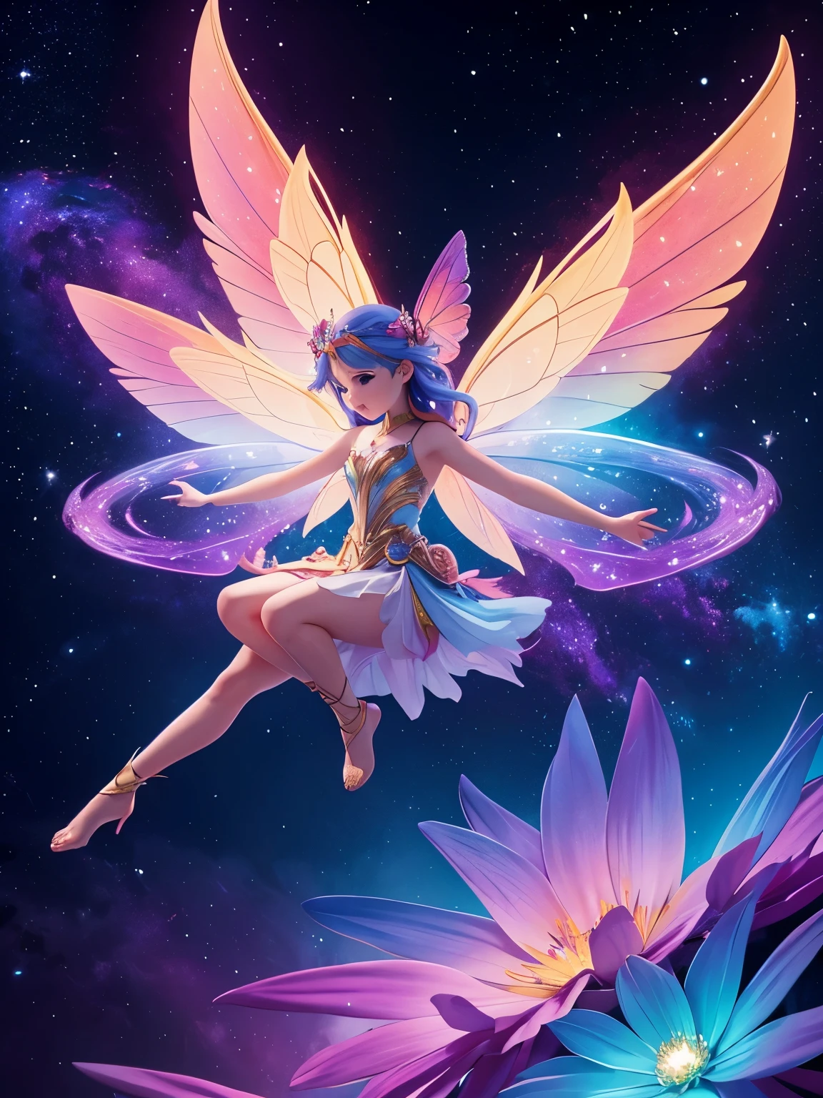 1girl, 23 years old, standing regal with open hands, symmetrical and fractal, multi-color pastel long hair, colorful (1.2), lies in a bird's nest and hatches (1.2), perfect face, sexy linagerie, oil smooth skin, kinky and sexy smile, looking at the viewer, fairy wings, Big fairy wings, multi color pastel feather wings, fairy vibe , background of mystic realm and magic, the particles of magic light with multi color , wind forming particles in seamless fractal pattern, warm light, epic scene , HDR+, extreme detailed ,Nikon D850, masterpiece, devianart, photo-real painting