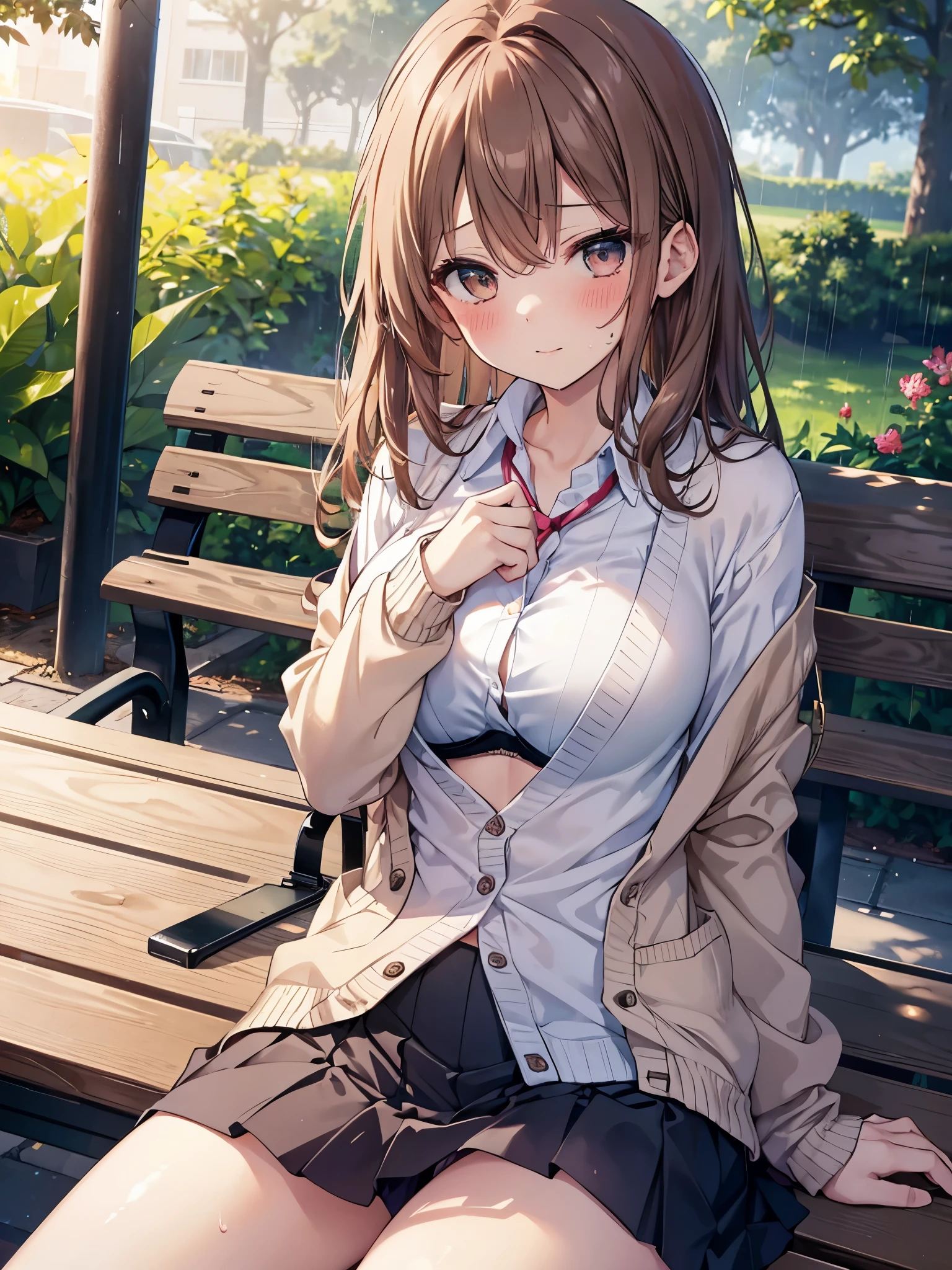 (table top), (highest quality), (super detailed), 1 girl, sexy pose, blush, ((open casual cardigan:1.2)), Happy, looking at the viewer, big hair, brown hair, wood々In a park with,bench, shy ,sitting on the ground, ((alone)) ,anxiety, blush, Naughty,from below,Because I&#39;m slender,(shiny skin, wet skin:0.8), sweating, Rain,~ side, from the front, From above,Long wet here, ((show off panties)), ((show off bra)), ((MNI skirt)),