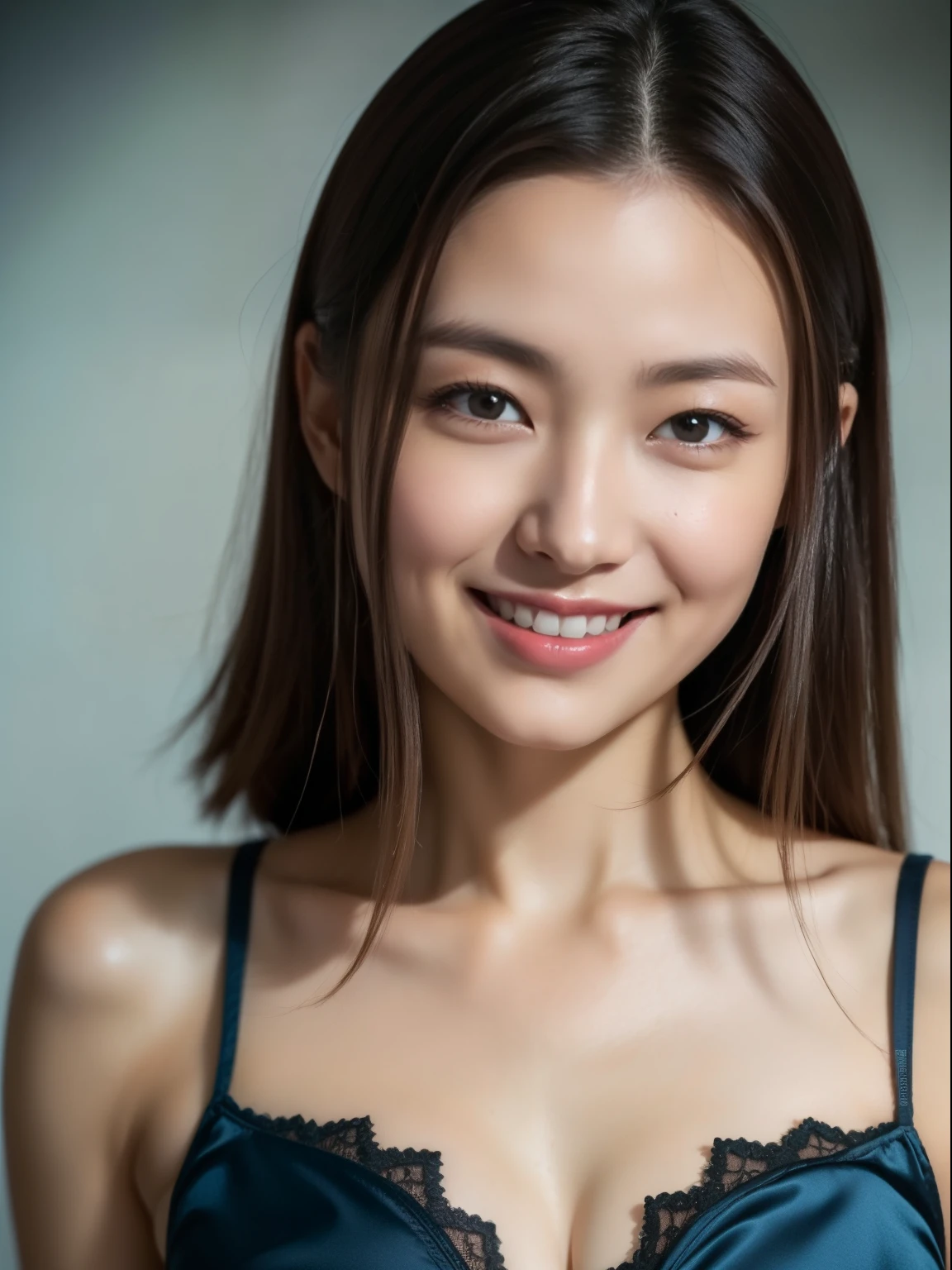 beautiful 25 year old woman。She is wearing a tight camisole made of dark blue satin fabric.。Black lace on chest and hem.。smile gently。her dark brown hair、、her hair is long and straight。High resolution、masterpiece、highest quality、head w:1.4、((Hasselblad Photos))、fine skin、fine knit、(movie lighting)、clavicle,she has a very good-looking face. she smiles shyly.