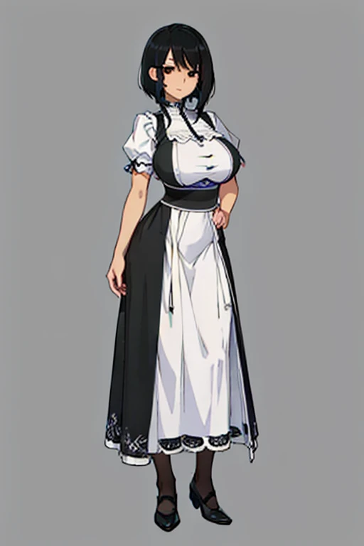 1 girl, ((masterpiece, side light, beautiful eyes: 1.2), Super detailed, ultra high resolution, professional lighting, high quality make up, beautiful detailed eyes), (highest quality:0.8), perfect anime illustrinion, beautiful, flin color background, simple background, whole body , looking for_in_viewer, 一人in, (whole body:1.5), (black hair:1.3), dark brown eyes, (big breasts:1), 一人in,Wasachiri, Huasachina, sash, puffy dress, dress, Puffy short sleeves, pantyhose, black shoes, Floral, print dress, put your hands on your hips, handkerchief,tof, (asymmetric bob cut:1.2),(low length:1.2),(Chubby:1.2),(おinこ:1.2),(boobs for days:1),(huge boobs:1),(short legs:1.2),(plump:1.2),(curvy:1.2),(chubby:1.2)
