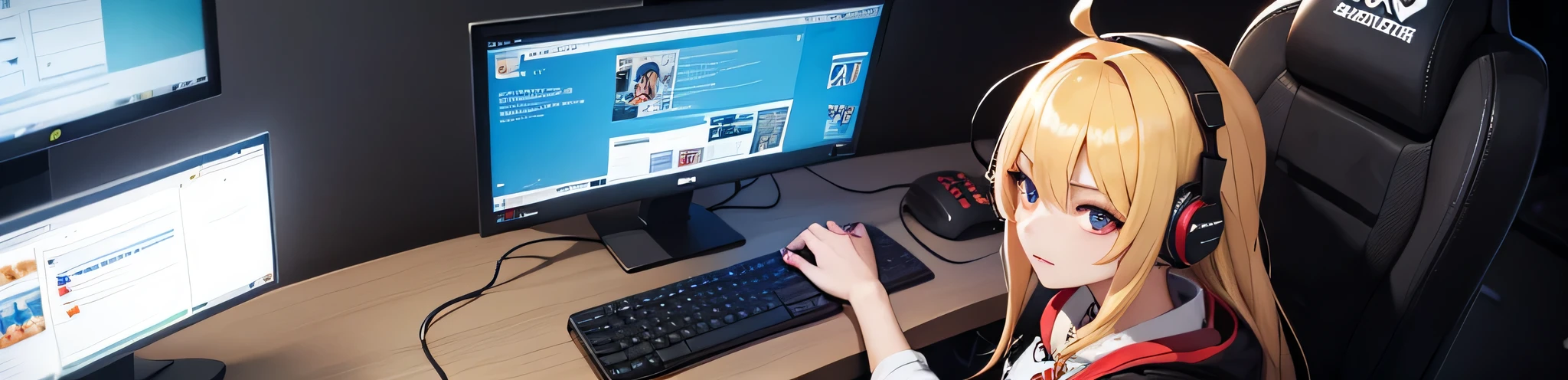 A beautiful esports nerd with yellow hair is playing games at home，Place your left hand on the keyboard，Place your right hand on the mouse