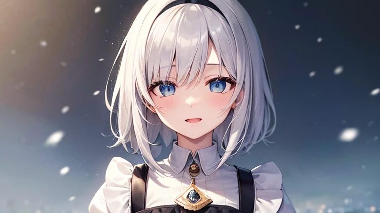 super high quality, with a girl, 20-year-old, very short hair, long bangs between the eyes, pale blue eyes , blue sky, sunlight, very detailed,(masterpiece、highest quality)、alone、gray hair、laughter、White skin as clear as snow、fantasy, silver hair, black eye, beautiful eyes,, ecstasy, charm, be smitten with audience, fantasyな風景、maid
