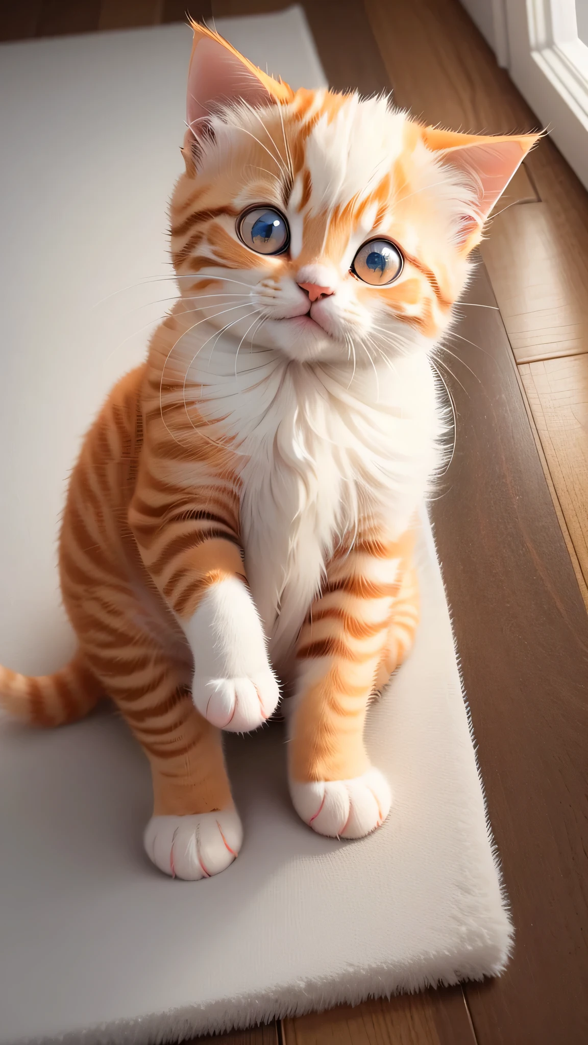 there is a small orange kitten sitting on a white surface, a cute cat, an adorable kitten, cute cat, the cutest kitten ever, cute and adorable, with cute doting eyes, cute kitten, adorable eyes, cute cat photo, cute and lovely, kawaii cat, beautiful and cute, lovely and cute, cute colorful adorable, huge adorable eyes, cute adorable