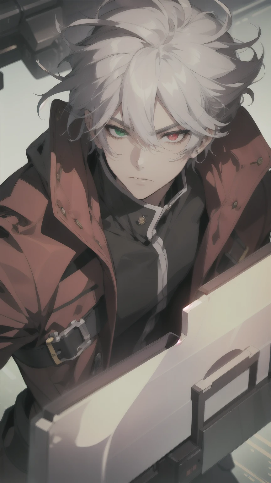 1young man,((heterochromia,left eye is red eye,right eye is green)),silver hair,modern buildings on the background,best quality, high quality, masterpiece,ultra-detailed 