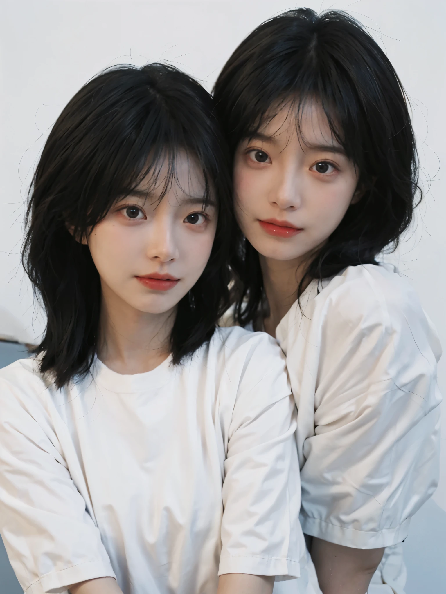 best quality， ultra high resolution， White background，（Upper body：1.4）（realistically：1.4）， 2个girl，（medium shot：1.4 gold），short sleeves，cute，Atmosphere，twin，A pair of eyes as clear as snow,Royal sister，girl，looking at the audience， close up ，