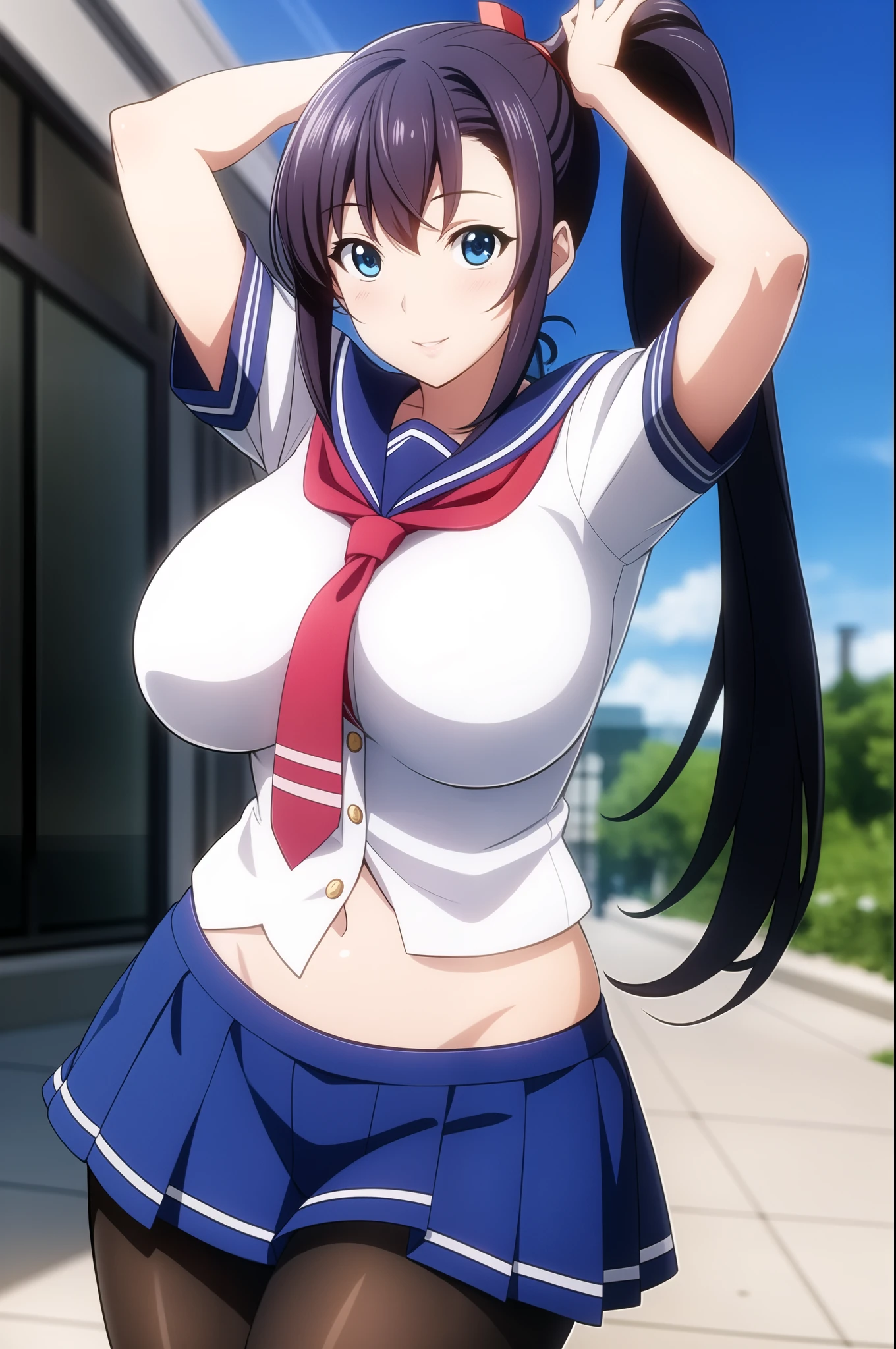 perfect eyes:1.2, detailed eyes:1.4, glossy skin:1.2, Blue sailor collar, school uniform, large breasts, skindentation, cowboy shot, pantyhose, serafuku, short sleeves, Red neckerchief, White shirt, Blue eyes, Purple hair, bangs, side ponytail, Hair ornament, 20yo, Young female, Beautiful Finger, Beautiful long legs, Beautiful body, Beautiful Nose, Beautiful character design, perfect balance, smile, 1girl, solo, (masterpiece:1.6, best quality), 8k, insane details, intricate details, hyperdetailed, hyper quality, high detail, ultra detailed, professional, HDR, ray tracing reflection, cinematic lighting,
