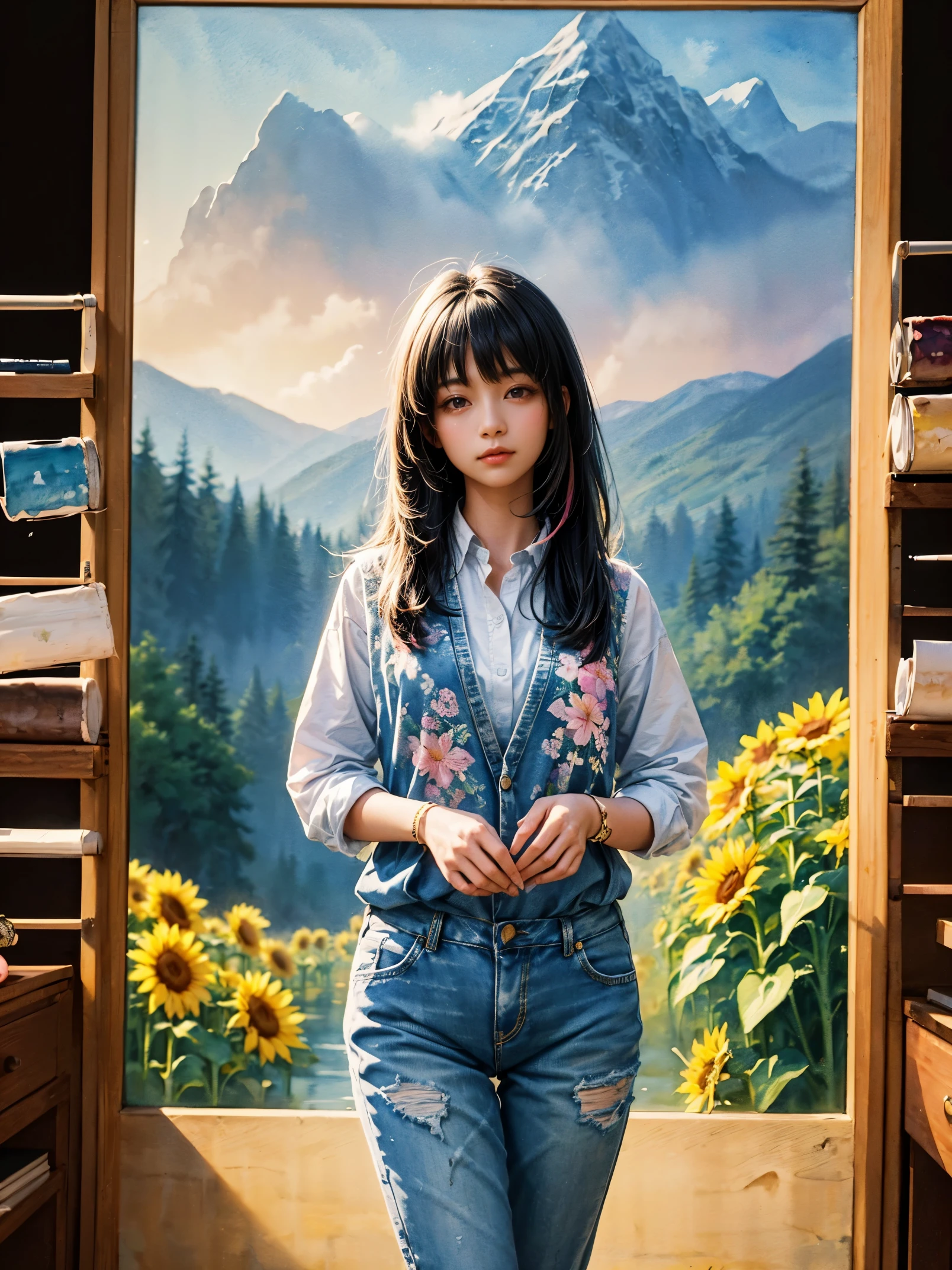 A beauty、sweet、Kind chinese village girl watercolor painting，Long black hair and warm brown skin，Wearing simple blue suspender jeans and a white plaid shirt，Very nice eyes and face，big watery eyes，long eyelashes，Beautiful teeth，Long legs，Perfect slender figure，Standing in a sunflower field at sunset，golden soft light，Beautiful village in the background，A river，A small bridge，mountains in the distance，（best picture quality，8k，high resolution，masterpiece：1.2），Super detailed，ultra high definition，Studio lighting，Super fine，Extremely detailed description，major，bright colors，Dutch Golden Age，pastel colors，Sunset lights，(floral watercolor painting:1.5)，(Super high saturation, bright and vivid colors:1.5), (nsfw), (Look at the audience head-on:1.5)