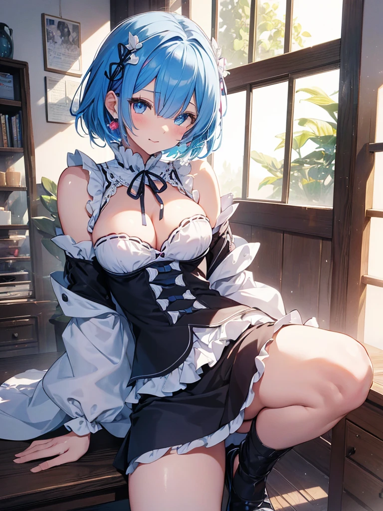 (((masterpiece)))), ((highest quality))),(night), Rem(Re:zero),high resolution,big breasts, thighs, squat, (Cute One Girl))), alone, white skin, eight-headed, (blue hair), ((short hair)), (straight bangs)), beautiful hair, blue eyes, Beautiful eyes in detail, ((tongue)), red face, heart, nightwear, frills, earrings, indoors, bed, (night), Shadow lighting,