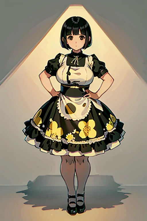 1 girl, ((masterpiece, side light, beautiful eyes: 1.2), Super detailed, ultra high resolution, professional lighting, high quality make up, beautiful detailed eyes), (highest quality:0.8), perfect anime illustrinion,  beautiful, flin color background, simple background, whole body ,  looking for_in_viewer, 一人in, (whole body:1.5), (black hair:1.3), dark brown eyes, (big breasts:1), 一人in,Wasachiri, Huasachina,  sash, puffy dress, dress, Puffy short sleeves, pantyhose, black shoes, Floral, print dress, put your hands on your hips, handkerchief,tof, (asymmetric bob cut:1.2),(low length:1.2),(Chubby:1.2),(おinこ:1.2),(boobs for days:1),(huge boobs:1),(short legs:1.2),(plump:1.2),(curvy:1.2),(chubby:1.2)