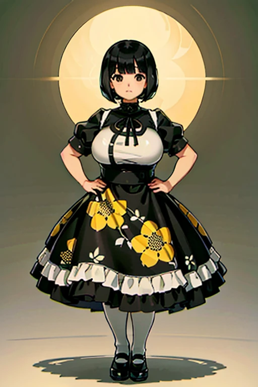 1 girl, ((masterpiece, side light, beautiful eyes: 1.2), Super detailed, ultra high resolution, professional lighting, high quality make up, beautiful detailed eyes), (highest quality:0.8), perfect anime illustrinion, beautiful, flin color background, simple background, whole body , looking for_in_viewer, 一人in, (whole body:1.5), (black hair:1.3), dark brown eyes, (big breasts:1), 一人in,Wasachiri, Huasachina, sash, puffy dress, dress, Puffy short sleeves, pantyhose, black shoes, Floral, print dress, put your hands on your hips, handkerchief,tof, (asymmetric bob cut:1.2),(low length:1.2),(Chubby:1.2),(おinこ:1.2),(boobs for days:1),(huge boobs:1),(short legs:1.2),(plump:1.2),(curvy:1.2),(chubby:1.2)