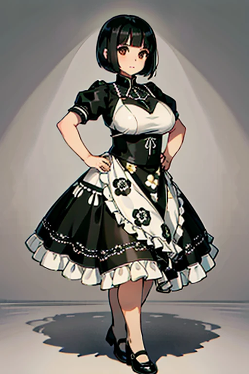 1 girl, ((masterpiece, side light, beautiful eyes: 1.2), Super detailed, ultra high resolution, professional lighting, high quality make up, beautiful detailed eyes), (highest quality:0.8), perfect anime illustrinion, beautiful, flin color background, simple background, whole body , looking for_in_viewer, 一人in, (whole body:1.5), (black hair:1.3), dark brown eyes, (big breasts:1), 一人in,Wasachiri, Huasachina, sash, puffy dress, dress, Puffy short sleeves, pantyhose, black shoes, Floral, print dress, put your hands on your hips, handkerchief,tof, (asymmetric bob cut:1.2),(low length:1.2),(Chubby:1.2),(おinこ:1.2),(boobs for days:1),(huge boobs:1),(short legs:1.2),(plump:1.2),(curvy:1.2),(chubby:1.2)
